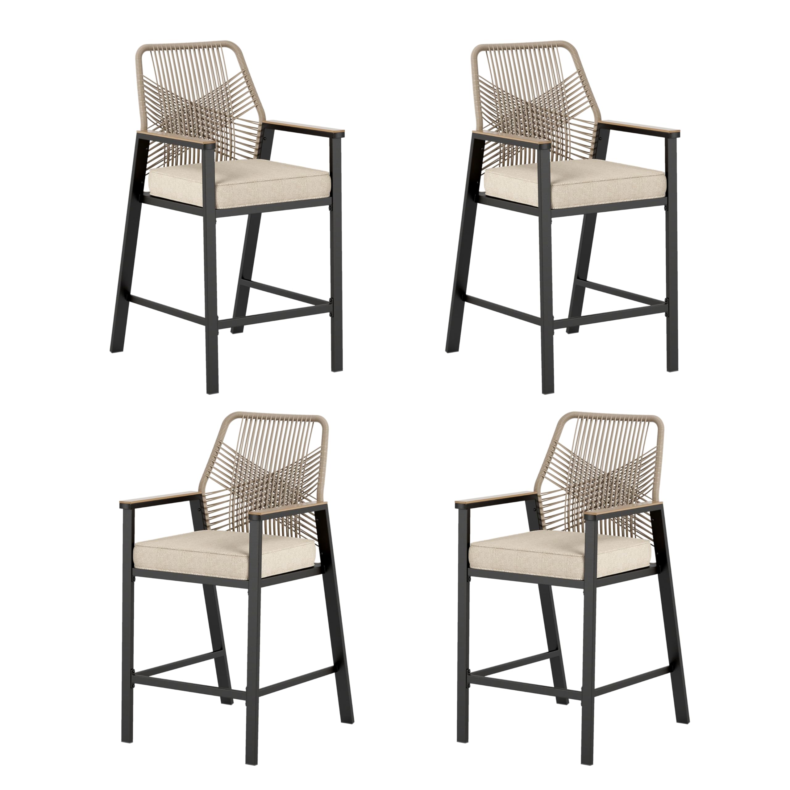 HERA'S HOUSE Outdoor Bar Stools Set of 4, High Top Patio Chairs with All Weather Cushion Pro Fabric, Bistro Set for Backyard, Lawn Garden, Balcony,