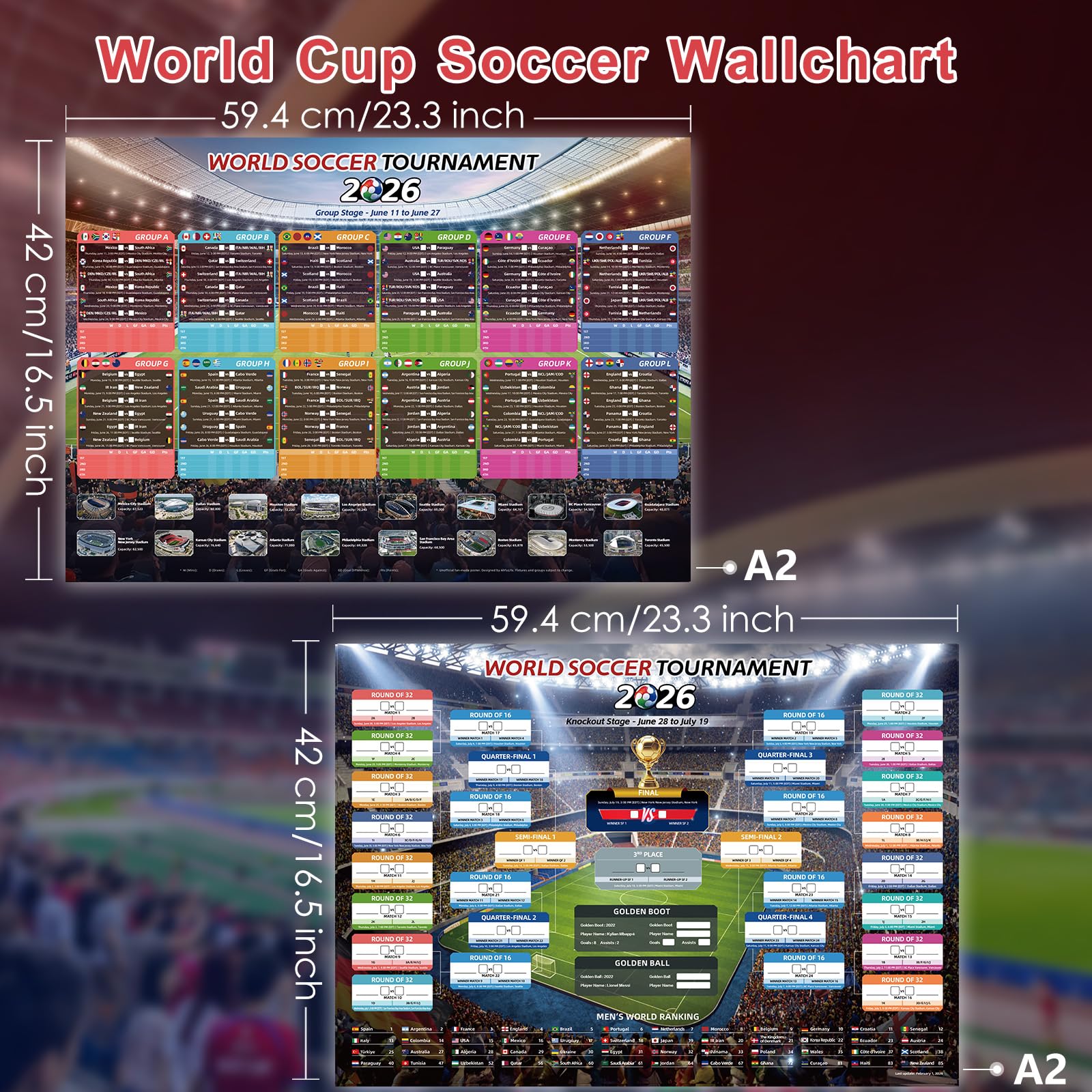 AhfuLife World Cup Schedule Poster 2026, A2 Size-23.3" x 16.5", 2 Pcs World Cup Merchandise 2026 Calendar Wall Chart Decorations, Soccer Tournament Wallchart for Fans Home Office Bar Party Decor - 3