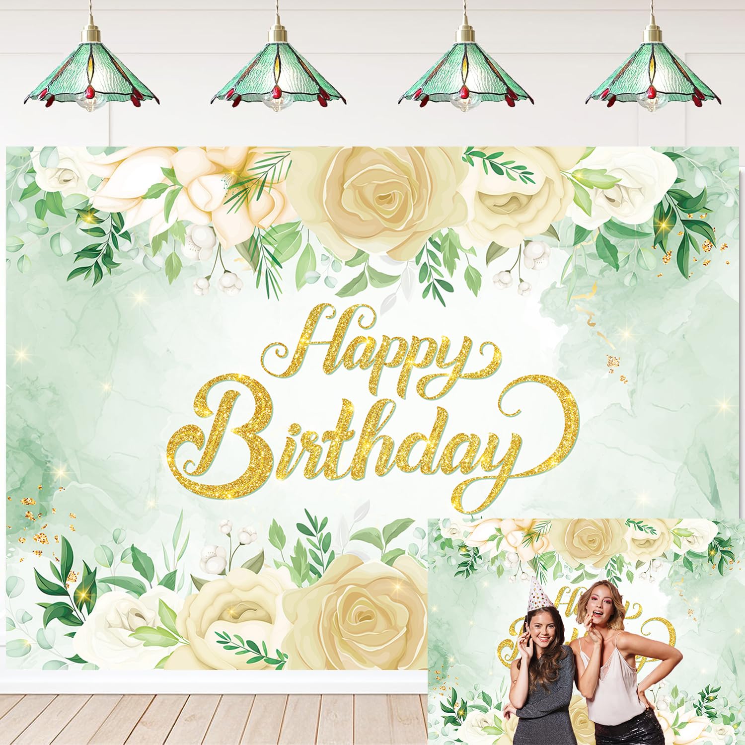 Greenery Happy Birthday Backdrop Sage Green Glitter Gold Eucalyptus Leaves White Rose Flower Photography Background for Girl Birthday Party