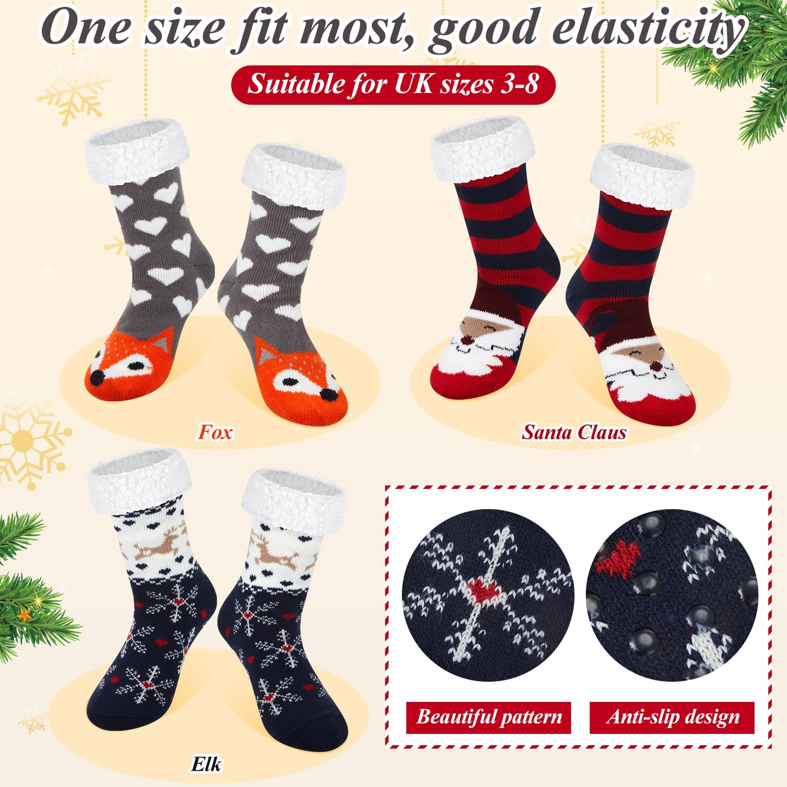 Hestya 3 Paires de Chaussons de Noël Chaussettes de Lit Antidérapantes Chaussettes d'Hiver Moelleuses pour Noël
