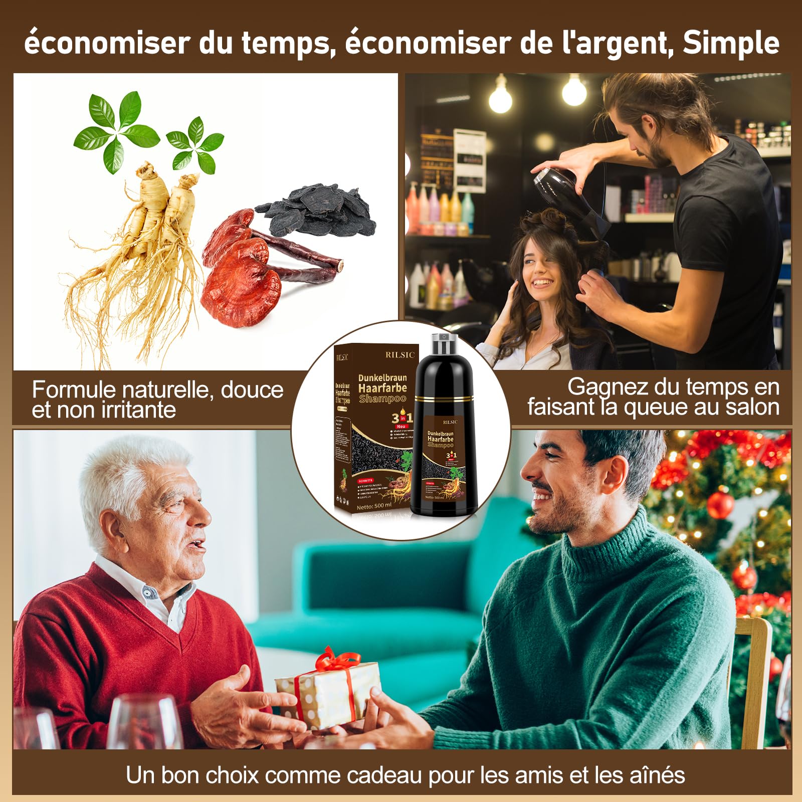 Shampoing Colorant Chatain Foncé, 500ml Shampooing Teinture Cheveux Blancs, Dark Brown Hair Dye Shampoo 3 in 1, Shampoing Cheveux Colorés Instantanée (Chatain Foncé)