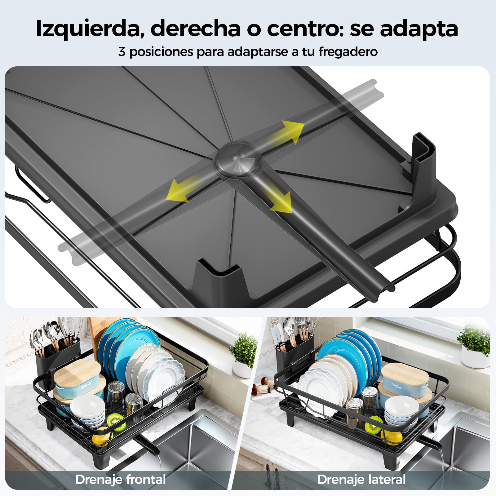Escurridor de Platos, Escurreplatos con Soporte para Utensilios Extraíble, Escurreplatos de Cocina para Fregadero con Tabla de Escurrir con Pies Elevados, Escurreplatos de Gran Capacidad, Negro