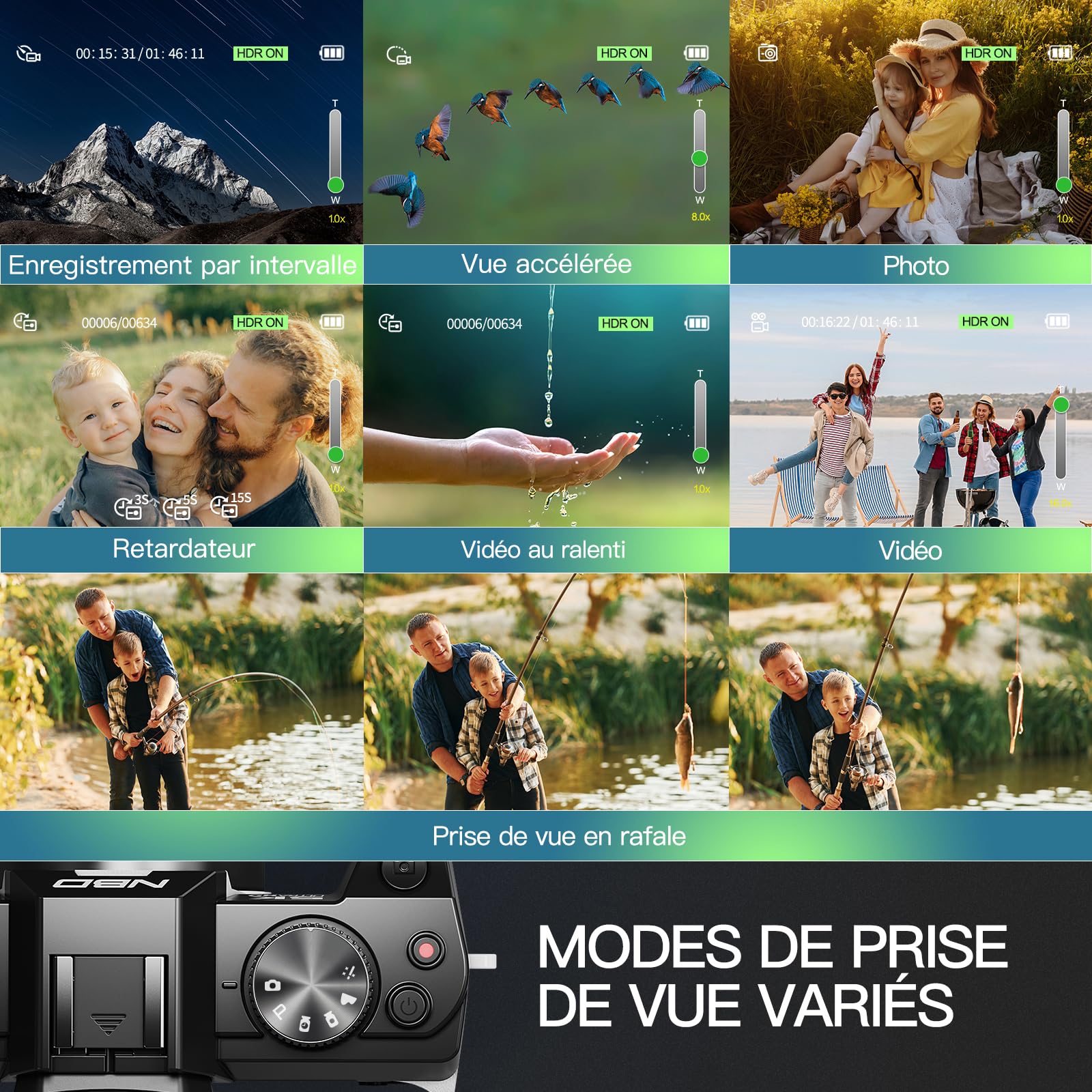 NBD 5K 64MP Appareil Photo numérique avec autofocus, Zoom numérique 16x, Écran IPS 3" 180°, WiFi + Lentille Grand Angle/Macro + Micro Externe + Carte 64GB + 2 Batteries (Noir)