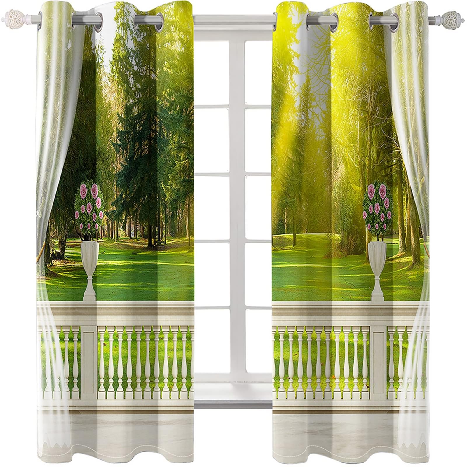 Blickdichter Vorhang 160 cm Lang, Vorhänge Verdunkelung mit Ösen 2er Set Gelb Grün Balkon Grasland Wald Landschaft Gardinen für Wohnzimmer Schlafzimmer Kinderzimmer, 107x160 cm(BxH)