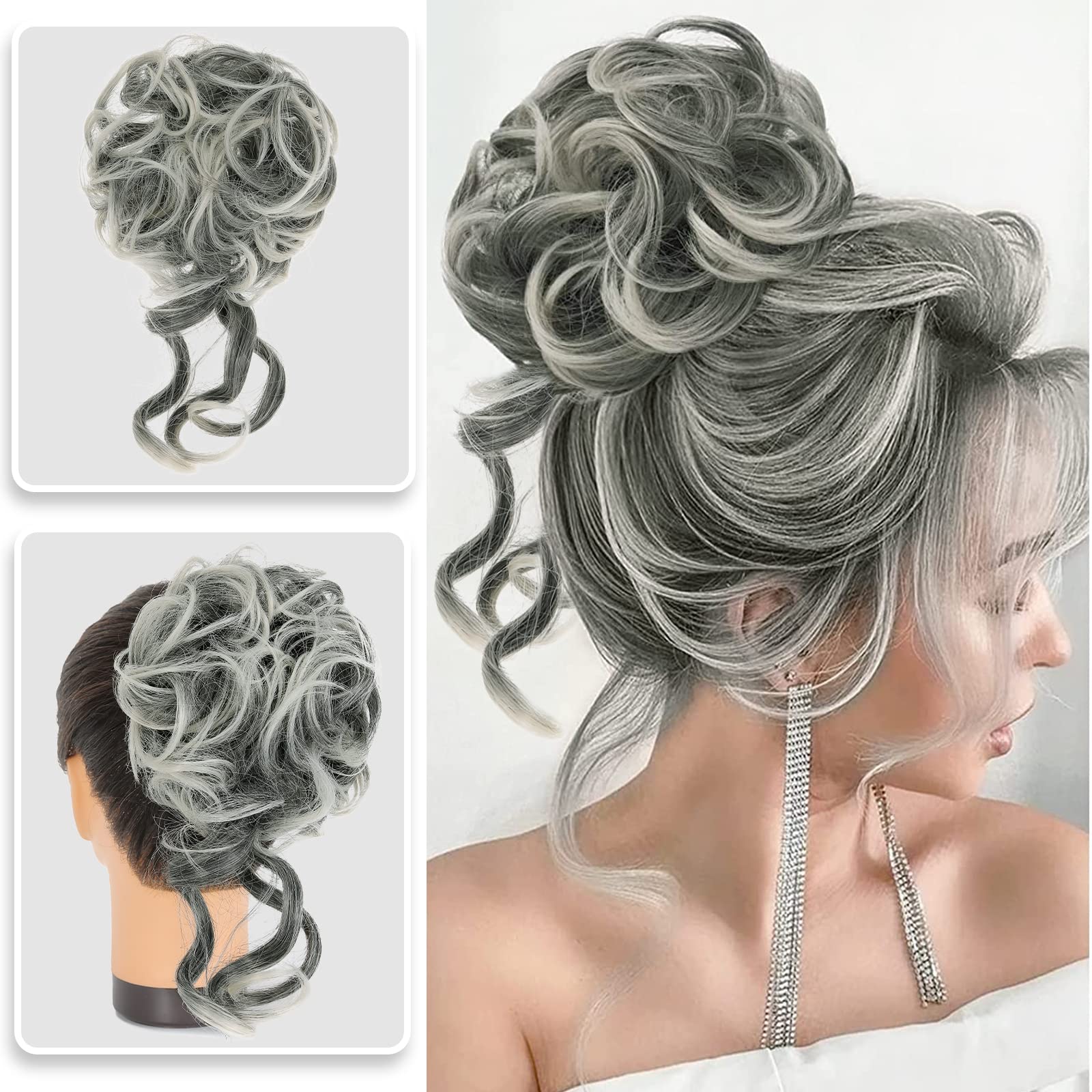 DAIFEER Messy Bun Hair Piece Synthetic Messy Hair Buns Tousled Updo Hair Bun Extensions Wavy Hair Wrap Ponytail Hairpieces with Fringe for Women Girls(Salt and Pepper White)