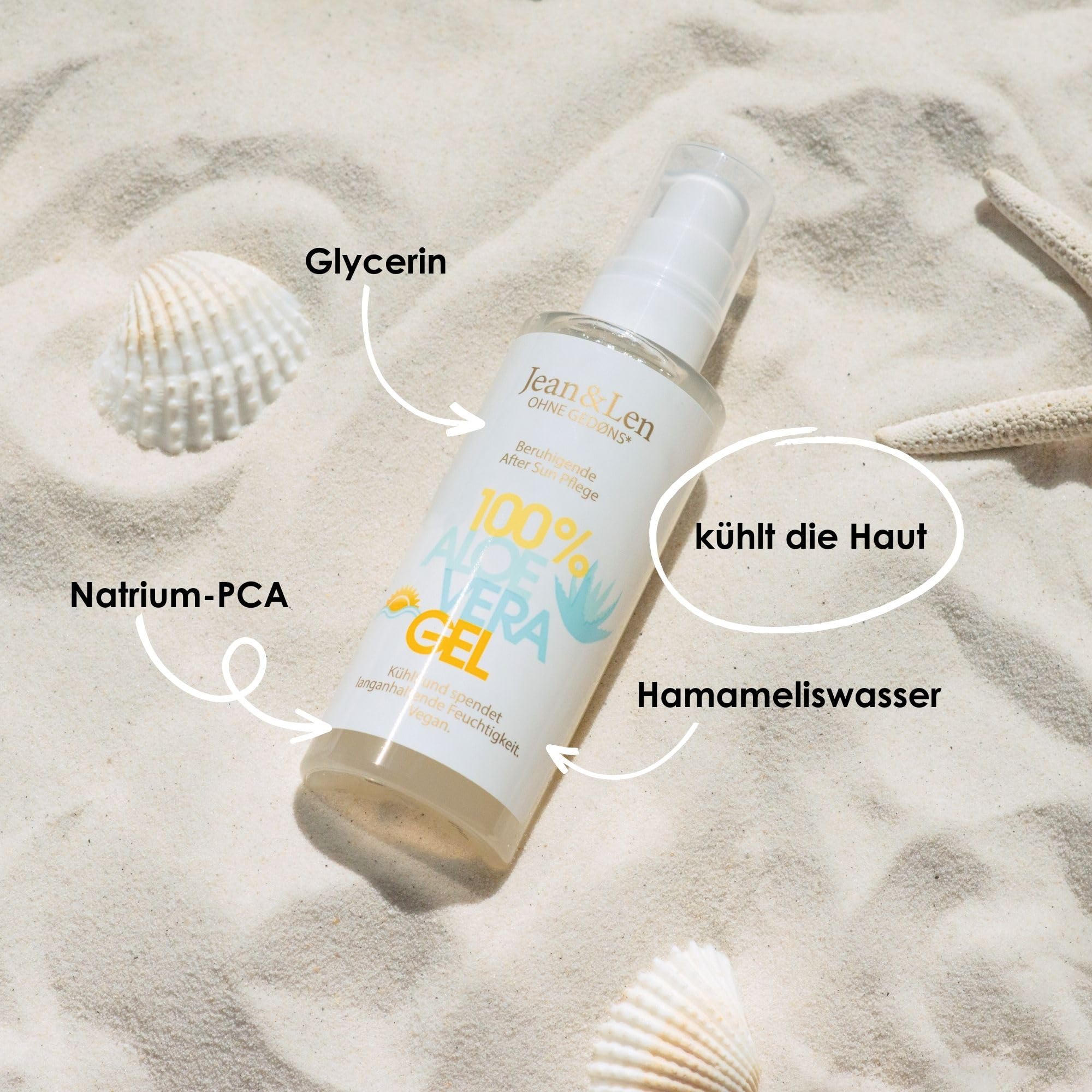 Jean & Len Après Sun Aloe Vera żel wspomagający pielęgnację w przypadku poparzeń słonecznych, uspokaja i chłodzi skórę, nawilża, bez silikonów, parabenów, nanocząsteczek i emulgatorów, wegański, 100