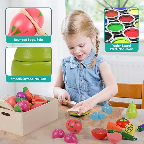 Miniatura 5 de Comida de madera para la cocina de los niños, 32 piezas de simulación de cortar frutas, verduras, juegos de juguetes de juego de alimentos, juguetes