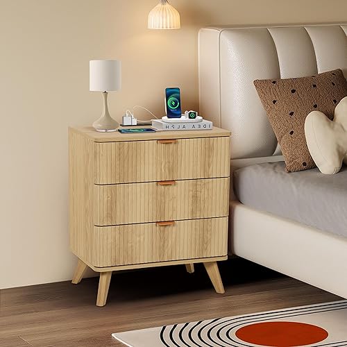 Miniatura 1 de Mesita de noche blanca con 3 cajones con puerto USB y tomas de corriente, mesita de noche con estación de carga y luces LED, mesita de noche con 3