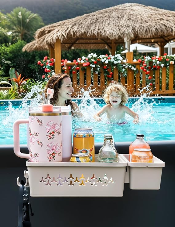 SUMMERBUDDY 2 Sets Upgrade Poolside Storage Basket, Above Ground Pool Storage Basket with Pool Cup Holder, For Steel Round or Oval Frame Above Ground Pools, Fits 3 Inch or Less Top Rail