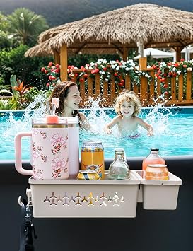 SUMMERBUDDY 2 Sets Upgrade Poolside Storage Basket, Above Ground Pool Storage Basket with Pool Cup Holder, For Steel Round or Oval Frame Above Ground Pools, Fits 3 Inch or Less Top Rail