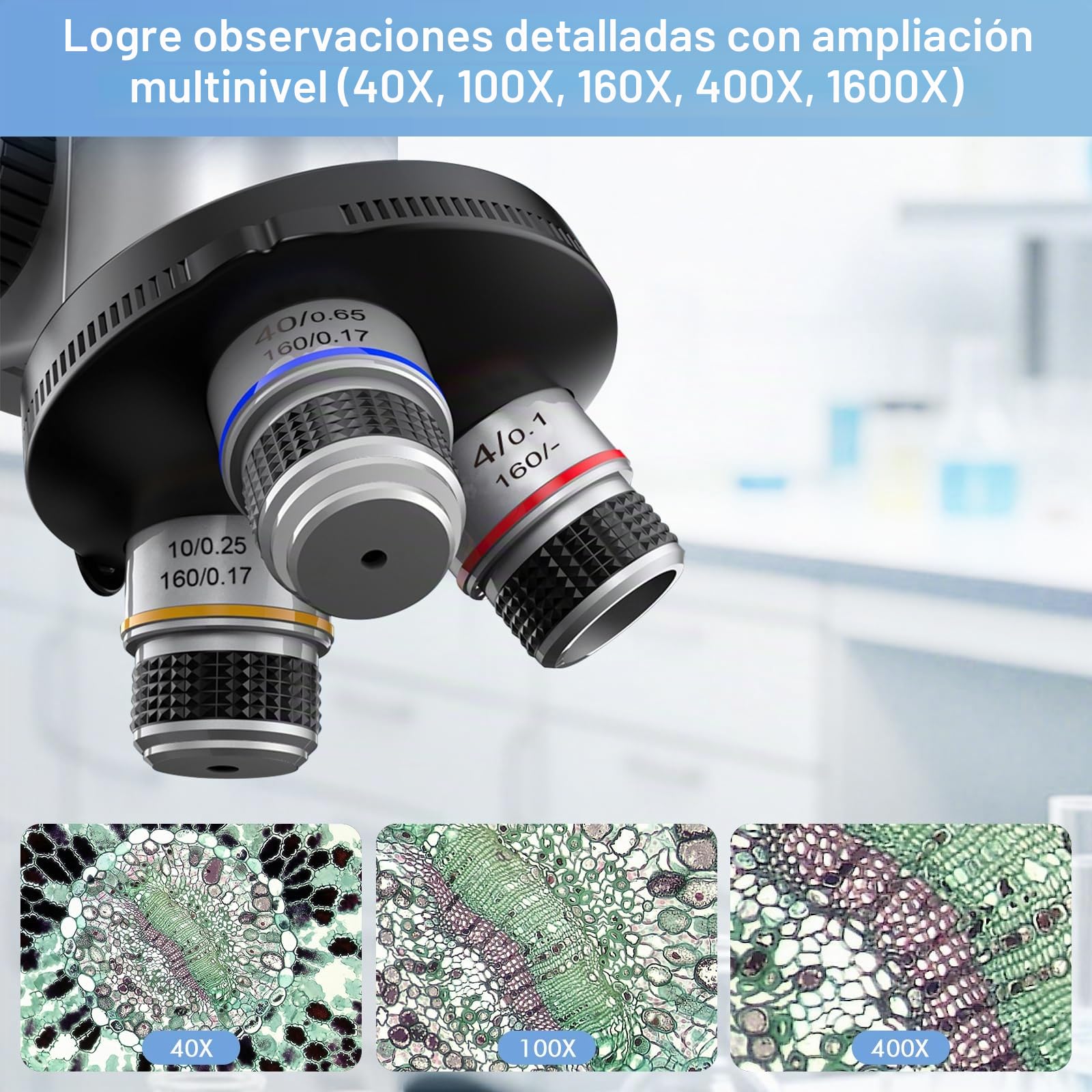Microscopio binocular para adultos y niños, aumento de 40X-1600X con luz de relleno LED dual, microscopio educativo biológico binocular con kit de inicio completo y más de 25 accesorios