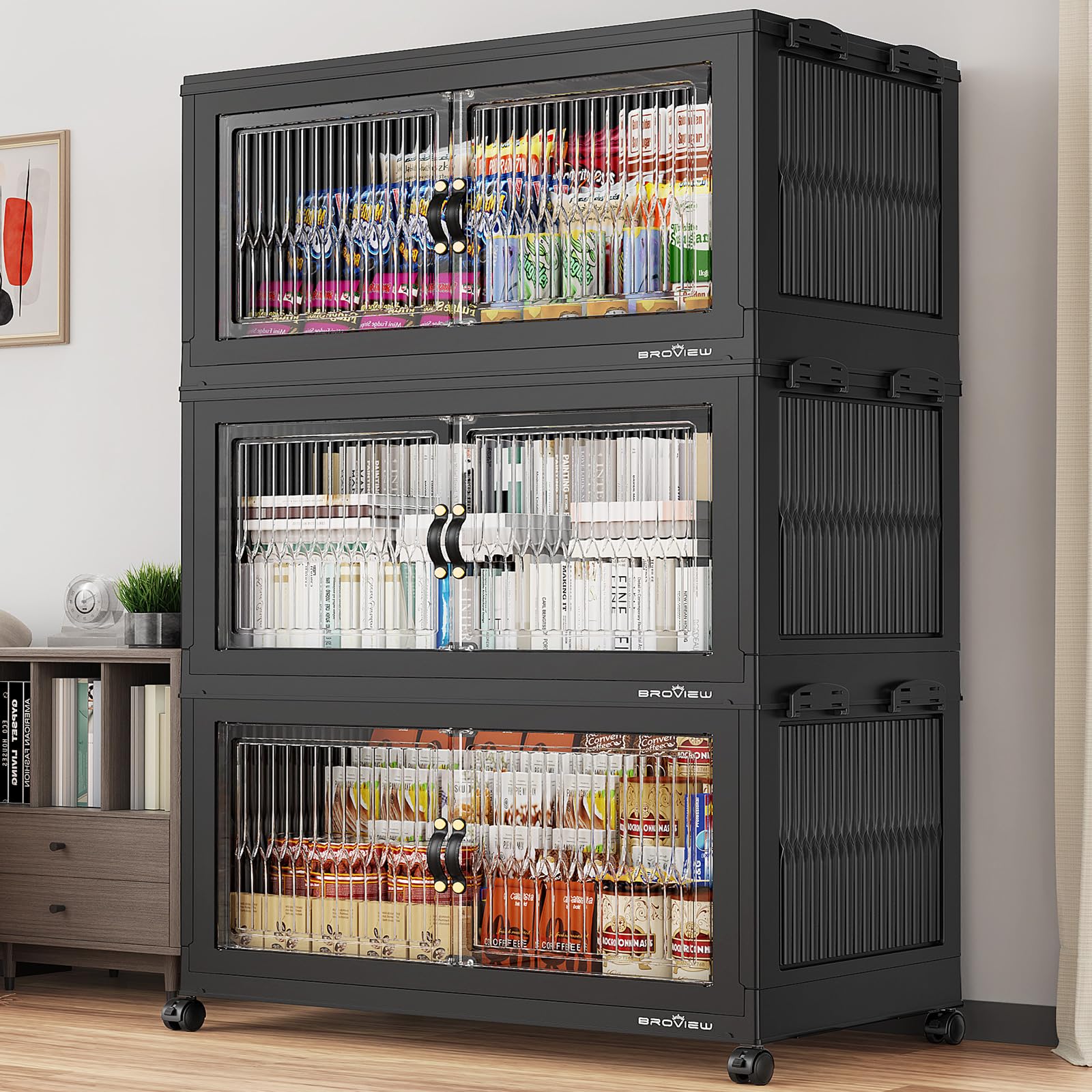 BROVIEW 600Qt Stackable Storage Bins with Lid for Home Dorm, 3Pack Black