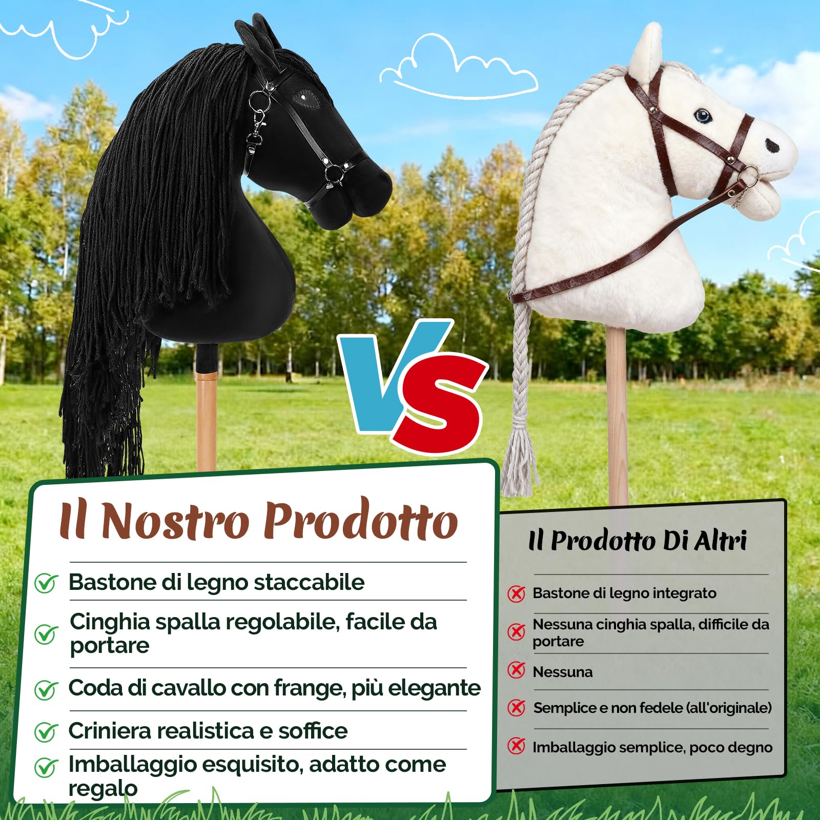 Charmofun Hobby Horse, Cavallo con Bastone per Bambini con Testa A3, Morbido Halter in Peluche, Coda Fluente e Cinghia Regolabile, Ideale per Gioco e Regalo (Nero)