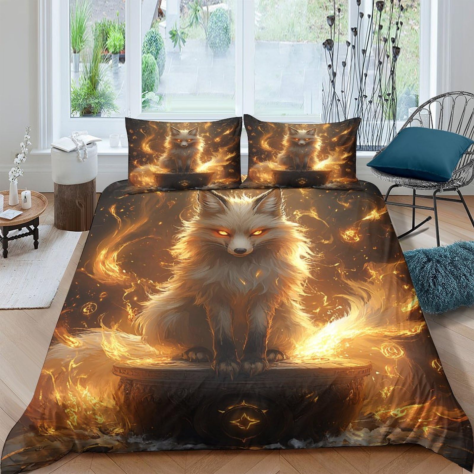 Ctjqhvkz Style-5 3D Printed Fire Fox Fitted Sheet Microfiber Soft Breathable Fantasy Flame Mattress Cover For Bedroom Dorm Decor Single（135X200cm）