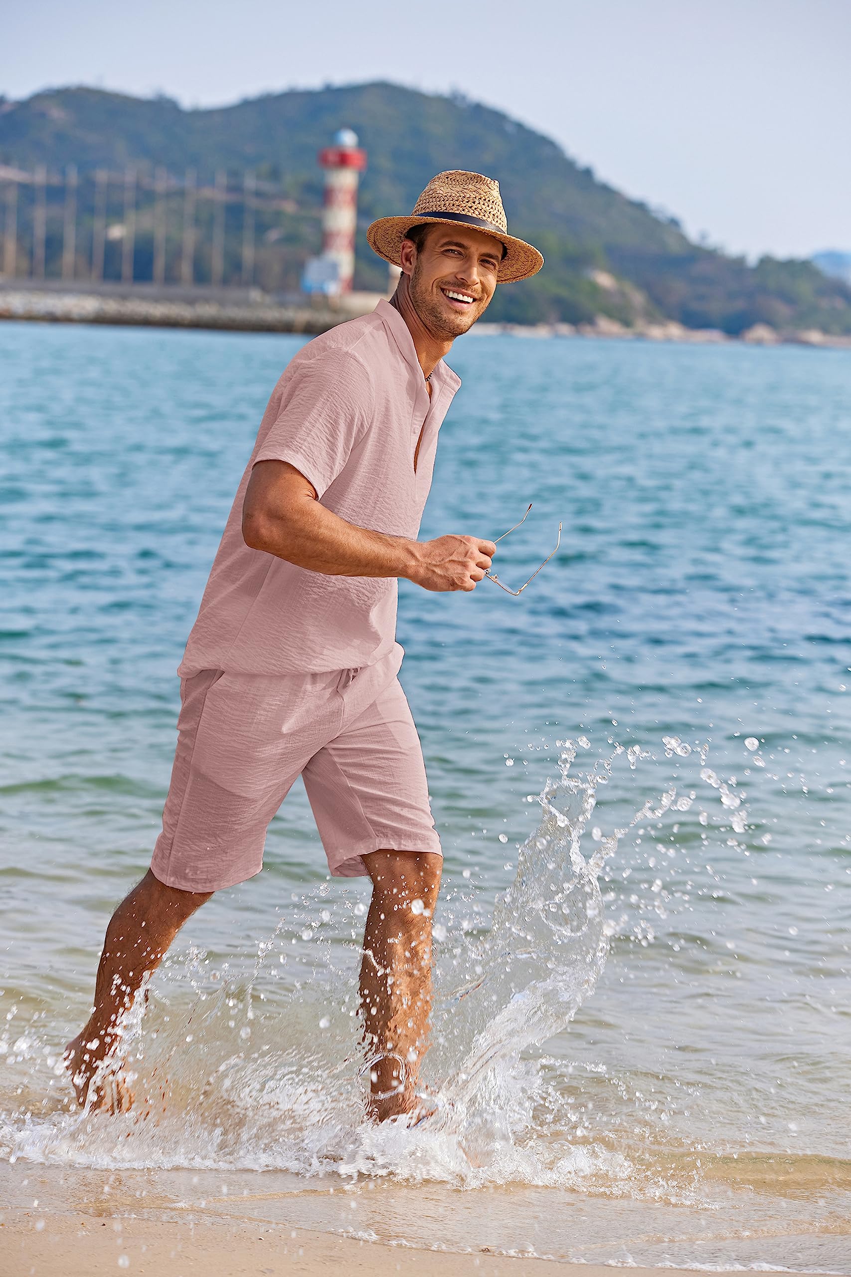 COOFANDY Set di 2 pezzi da uomo in lino casual Henley camicie a maniche corte da spiaggia pantaloncini da yoga pantaloni estivi | Chiusura con bottoni, spiaggia, estate, leggero, traspirante, coulisse regolabile