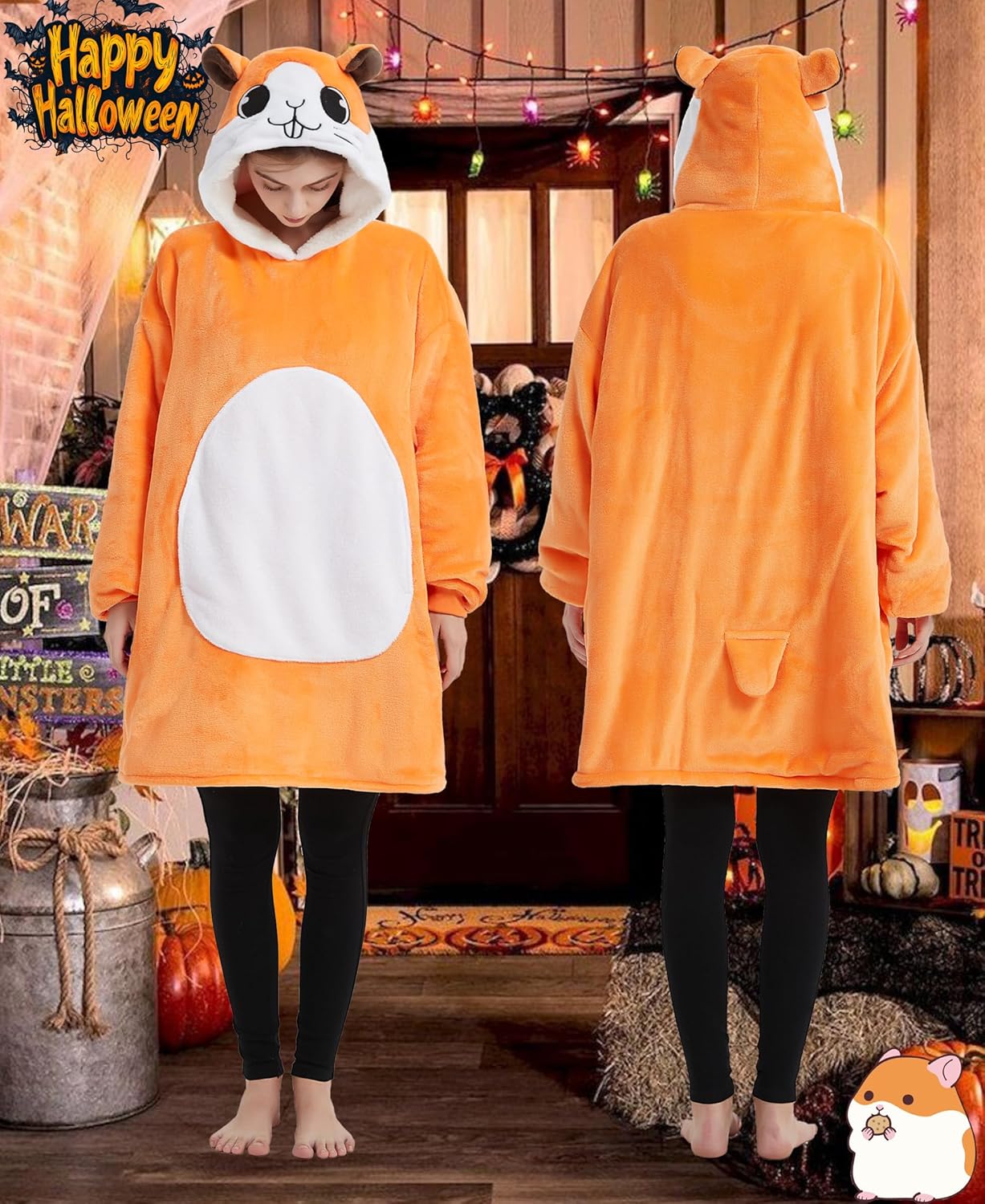 Lovemonster Unisex Animal Cosplay Hamster Pajamas Cozy Flannel Sherpa Pullover Adult Christmas Halloween Costume, Orange - Image 2