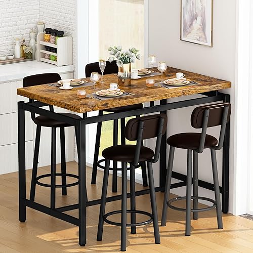 Miniatura 3 de Recaceik Juego de mesa de bar para 4 mesas de bar y sillas, mesa de comedor industrial con 4 taburetes tapizados de cuero sintético, altura de