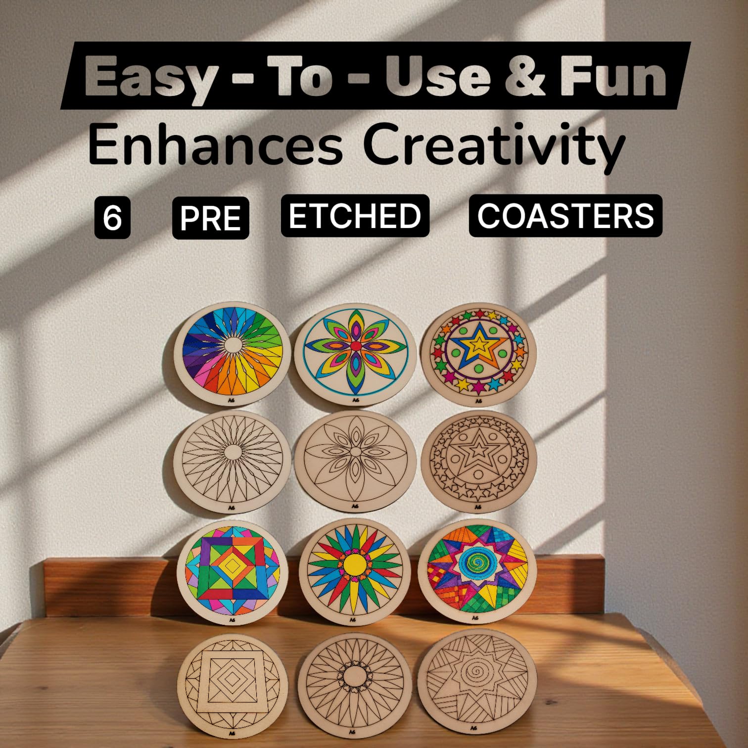 BAGJI TOYS DIY Coaster Painting Kit for Kids & Adults – 6 Pre-Marked Wooden Tea Coasters with Stand, 12 Acrylic Colours & Brush – Mandala Art & Craft DIY Set – Beginner Friendly Painting Craft Kit, Birthday & Gift Activity (MandalaA6) 3
