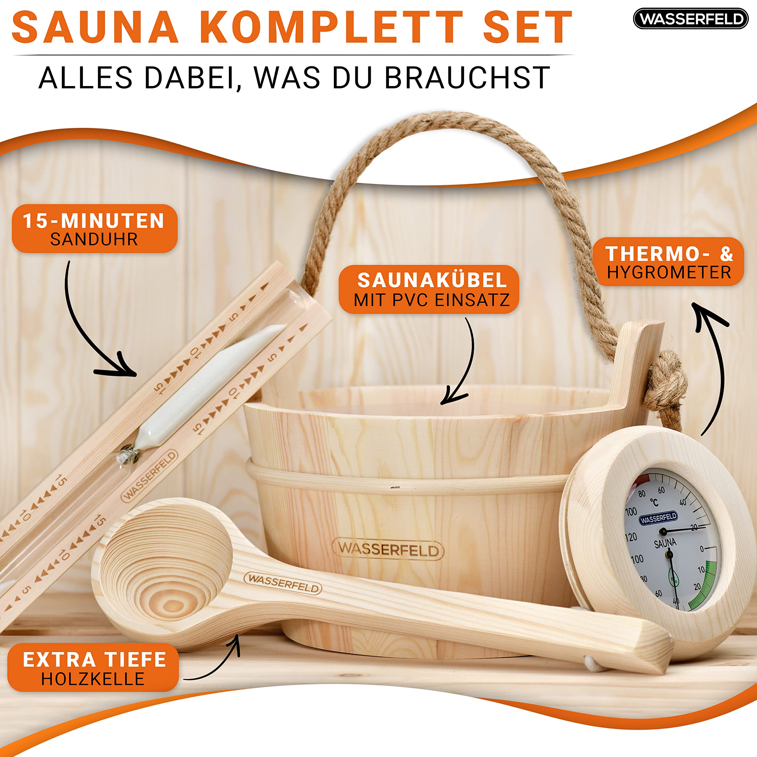WASSERFELD® Seau de sauna (4 litres) – Seau de sauna de qualité supérieure avec truelle, sablier, thermomètre et hygromètre – Seau de sauna résistant à la chaleur de 4 l avec insert et corde de