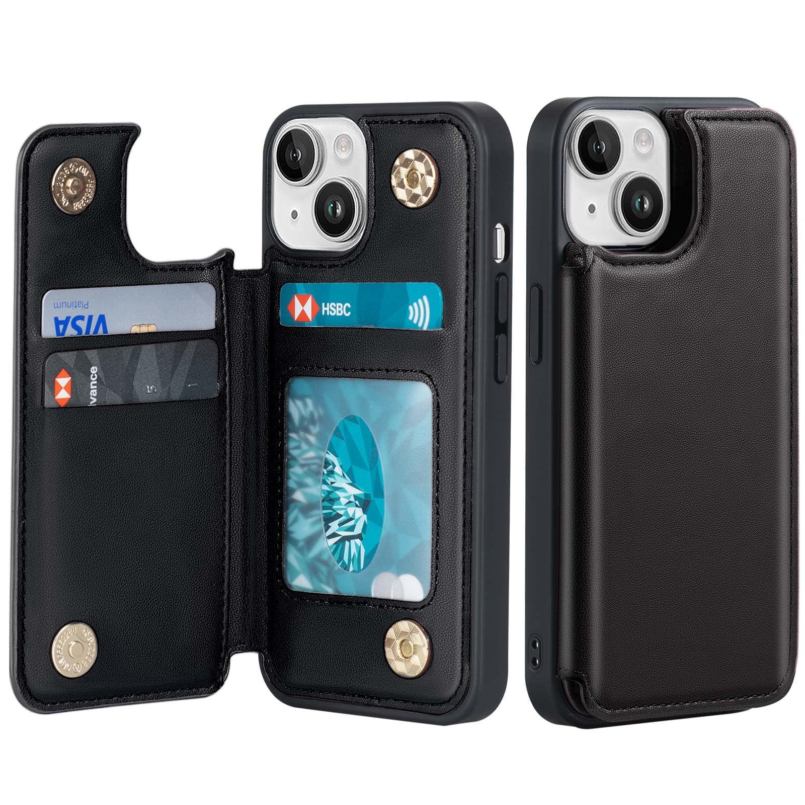 Amnirk Wallet Case for iPhone 15, Leather Flip Folio Cover Magnetic Clasp Pocket with 3 Card Holder for iPhone 15 (Black)