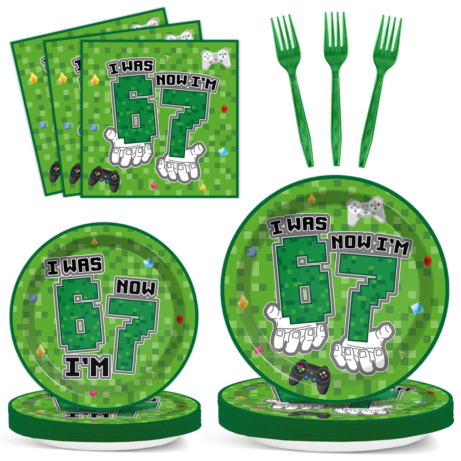 96 Pcs Green Pixel Birthday Plates and Napkins I Was 6 Now I'm 7 Party Supplies