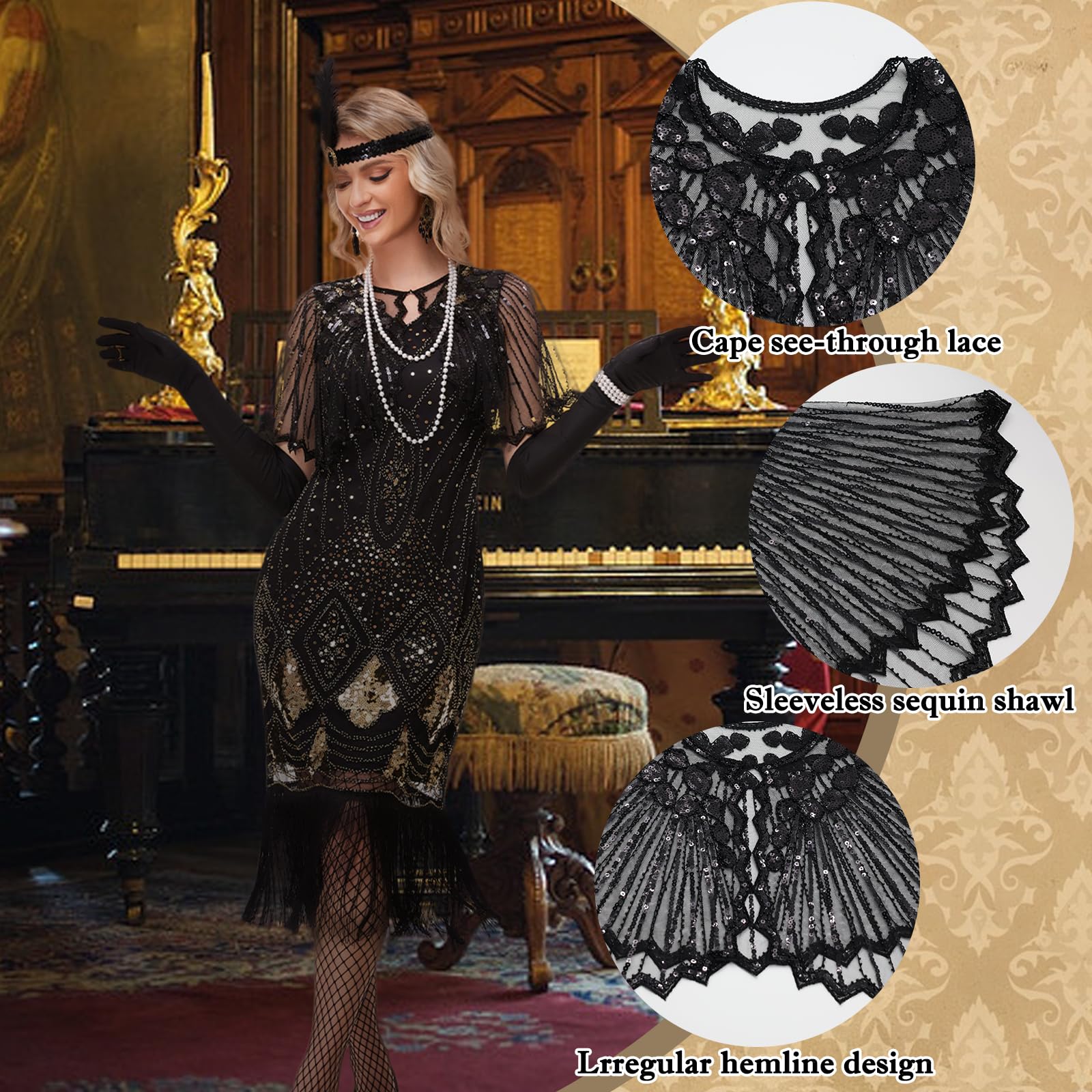Sekepingo 1920s Accessories for Women Great Gatsby Flapper Shawl with Sequins 8 Pieces Accessories Set Peaky Blinders Costume with Headband Gloves Necklace Earrings Lace Fan for Party Black - Image 4