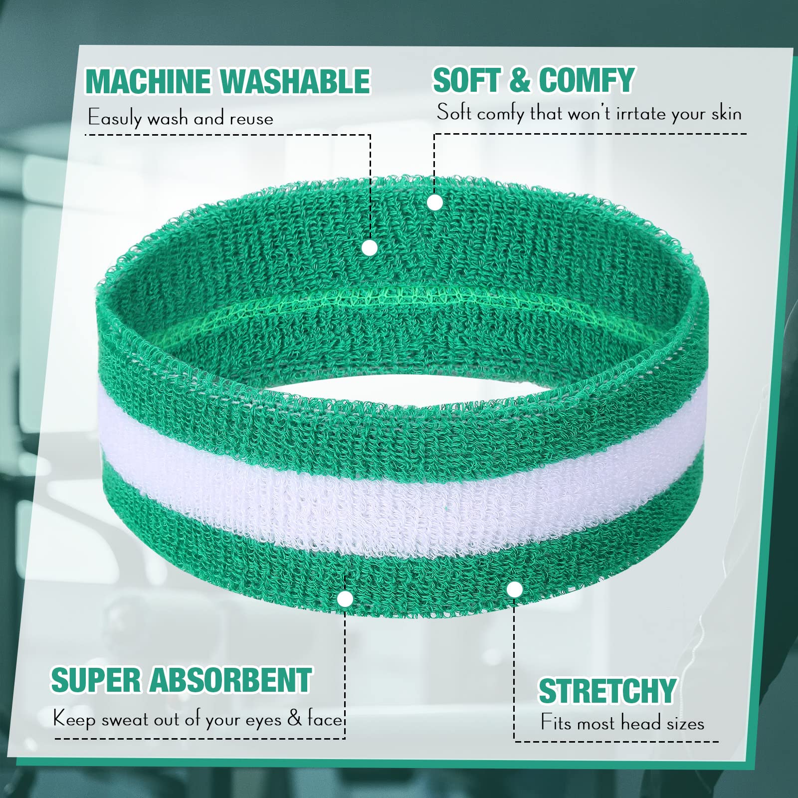 Eurzom 36 Pcs Bulk Striped Sweatband Set Include 12 Pcs Sweat Absorbing Striped Headbands and 24 Pcs Cotton Sweatbands Wristbands for Gym Sports