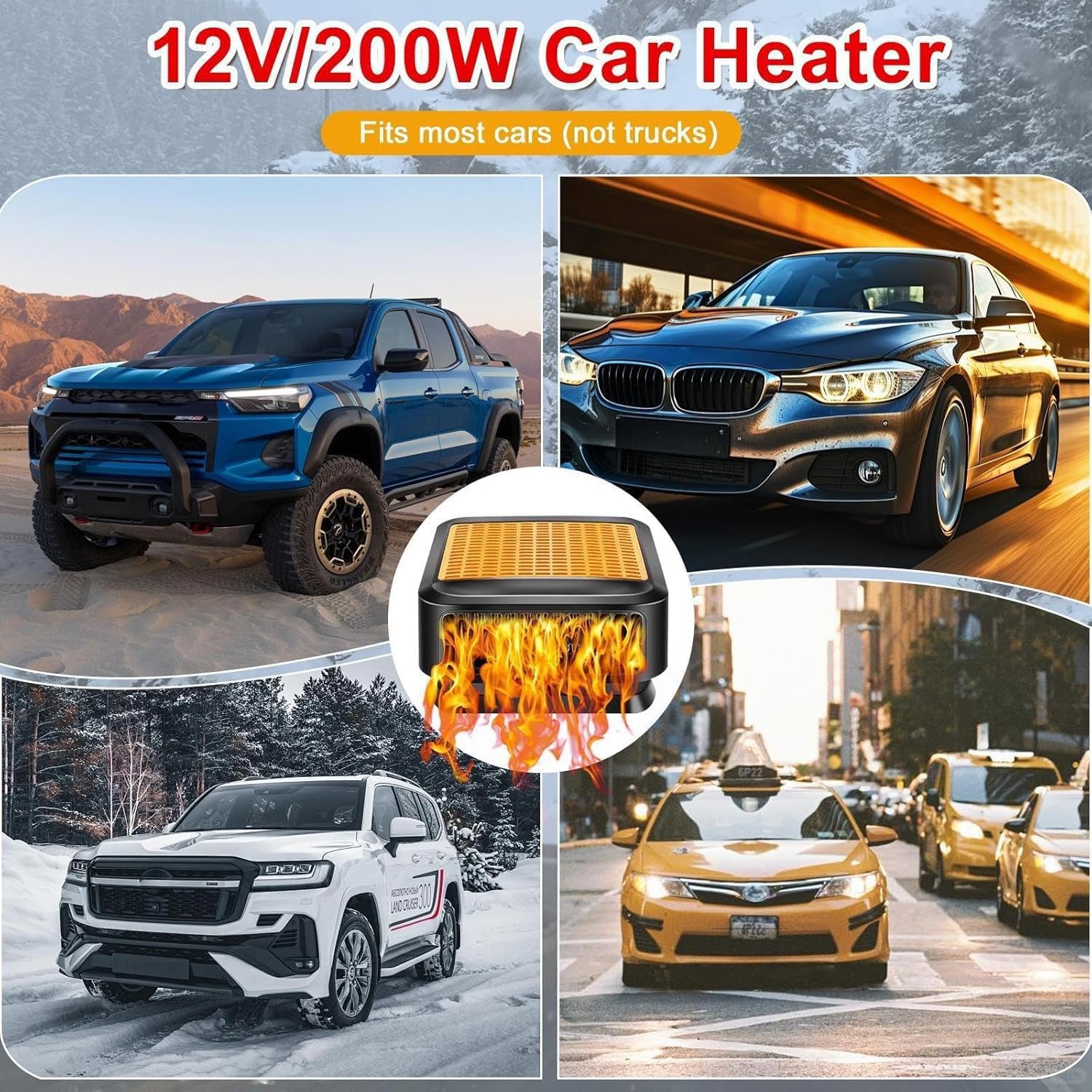 Calentador para Coche, portátil Calentador para Coche de 12V y 200W, Calentador para Coche 2 en 1 de enfriamiento y Calentamiento rápido con Base giratoria de 360°