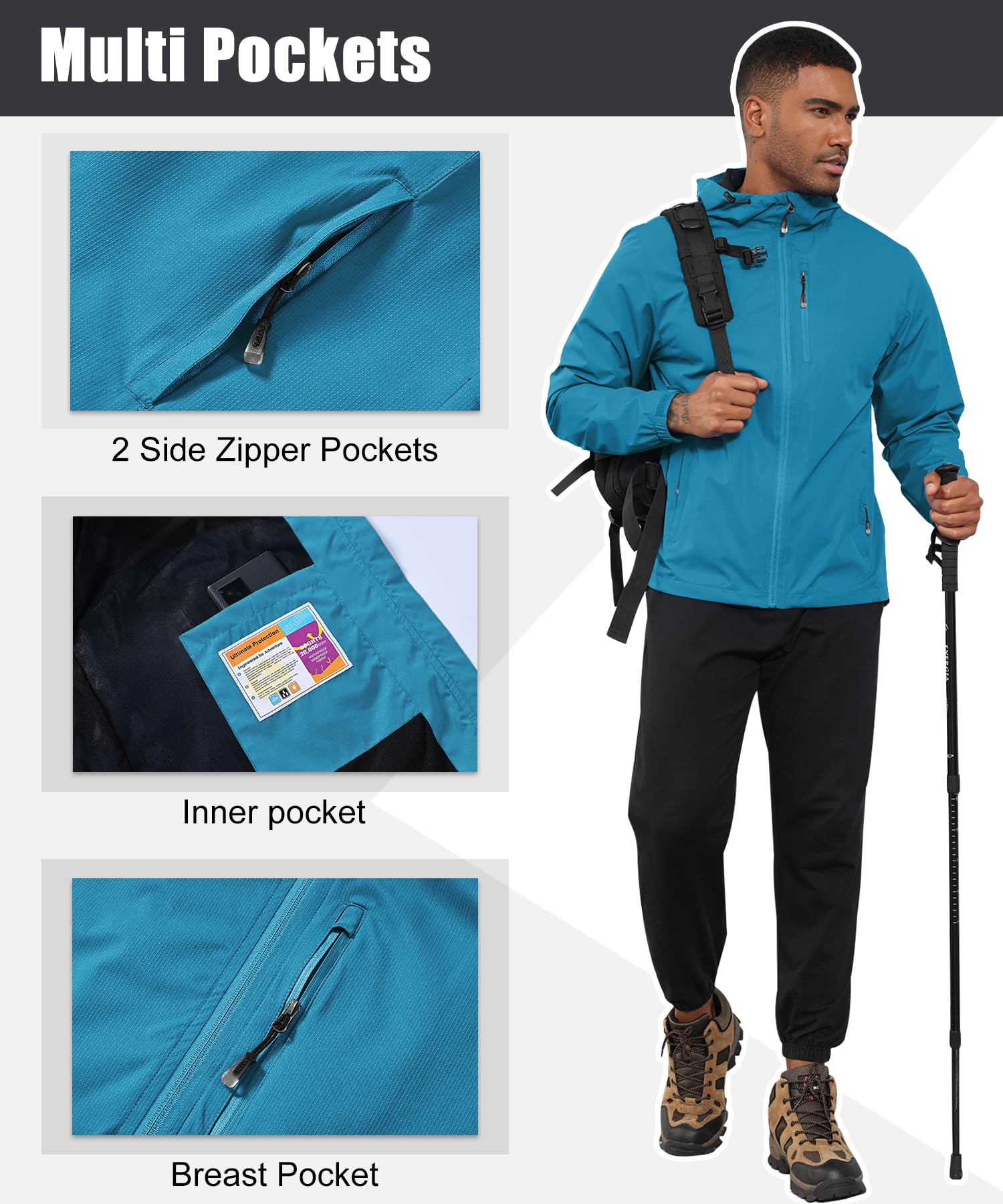 Huayuzh Giacca impermeabile da uomo, giacca impermeabile da uomo, leggera, pieghevole, antivento, softshell, escursionismo, campeggio