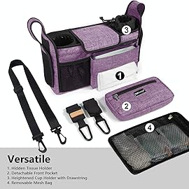 TOPDesign Universal Baby Stroller Organizer, Stroller Caddy with Detachable Mesh Bag & Heightened Insulated Cup Holders & Non-Slip Secure Hooks Accessories, Fits Most Strollers (Purple)