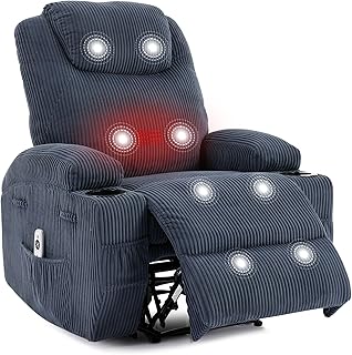 Electric Recliner Chair with Massage and Heat, 135° Adjustable Corduroy Single Sofa for Living Room & Bedroom, Cup Holders & Pockets(Blue)