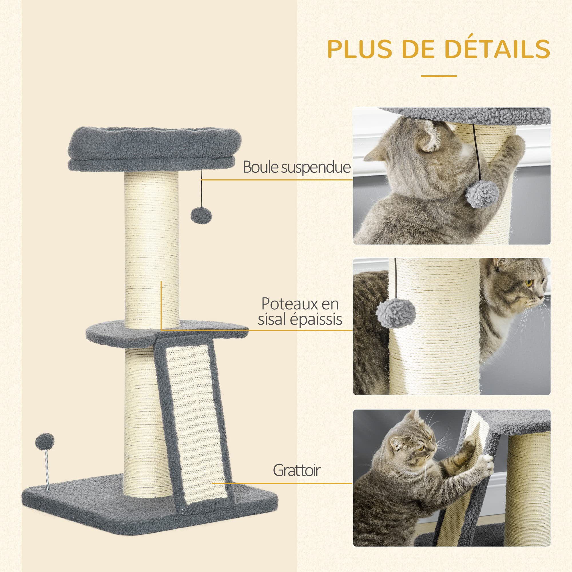PawHut Arbre à Chat avec griffoir Tronc en sisal Boules suspendues et Plate-Forme d'observation Hauteur 92 cm - Gris