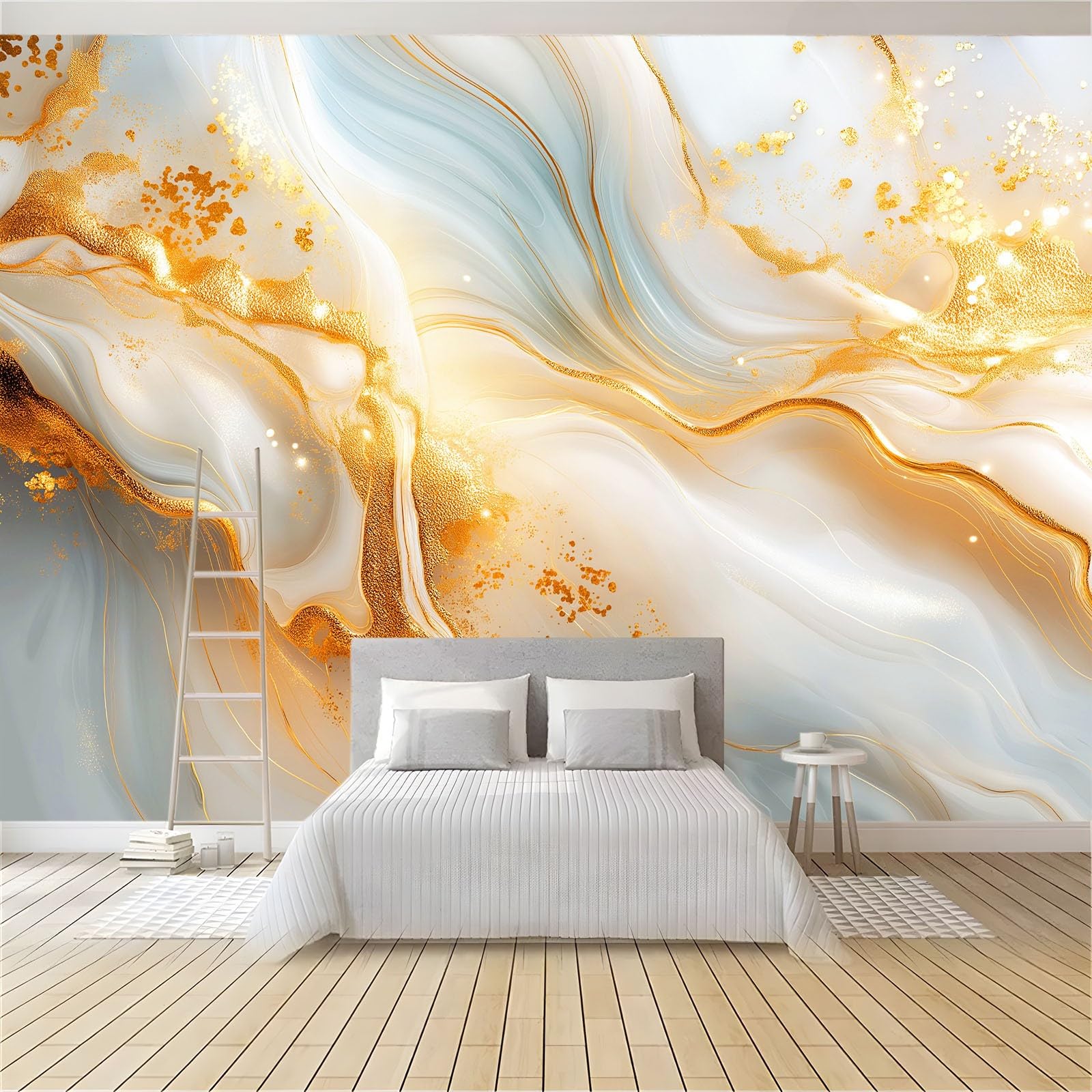 Générique Panoramiczna tapeta Minimalistyczny marmur 3D złote linie obramowania 200 x 140 cm, nowoczesna włóknina XXL Dekoracja ścienna Salon Sypialnia Biuro Pokój dziecięcy, wielokolorowa