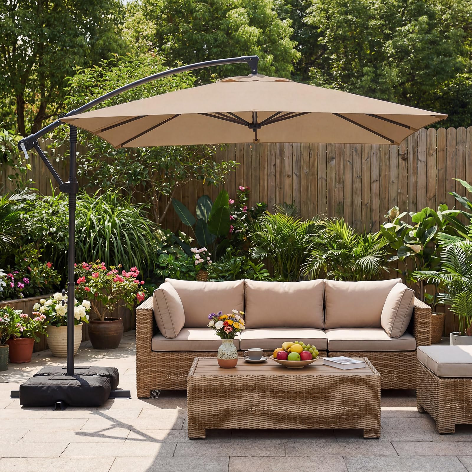 Tangkula 8x8 FT Patio Umbrella with Base Included, Square Offset Cantilever Outdoor Umbrella with 360 Degree Rotation, Crank Handle, Sandbags, 8 Ribs for Pool Deck Garden Backyard : Patio, Lawn & Garden