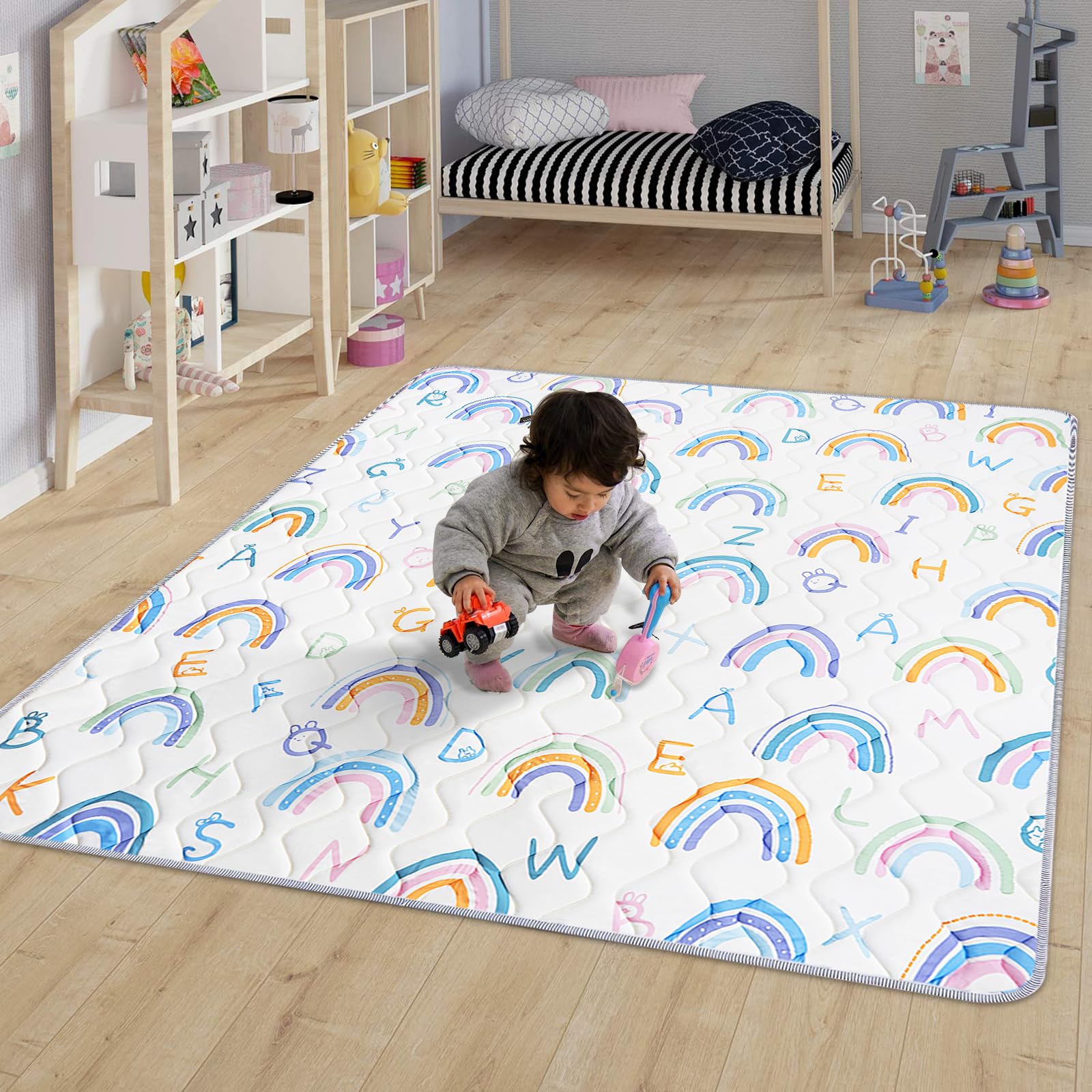 OUUTMEE Baby Krabbelmatte 200 x 180 x 2 cm/79" X 71",Faltbare Spielmatte Baby Teppich, rutschfeste Unterseite, Geeignet für Wohnzimmer, Kinderzimmer und Schlafzimmer, Regenbogen-Motiv