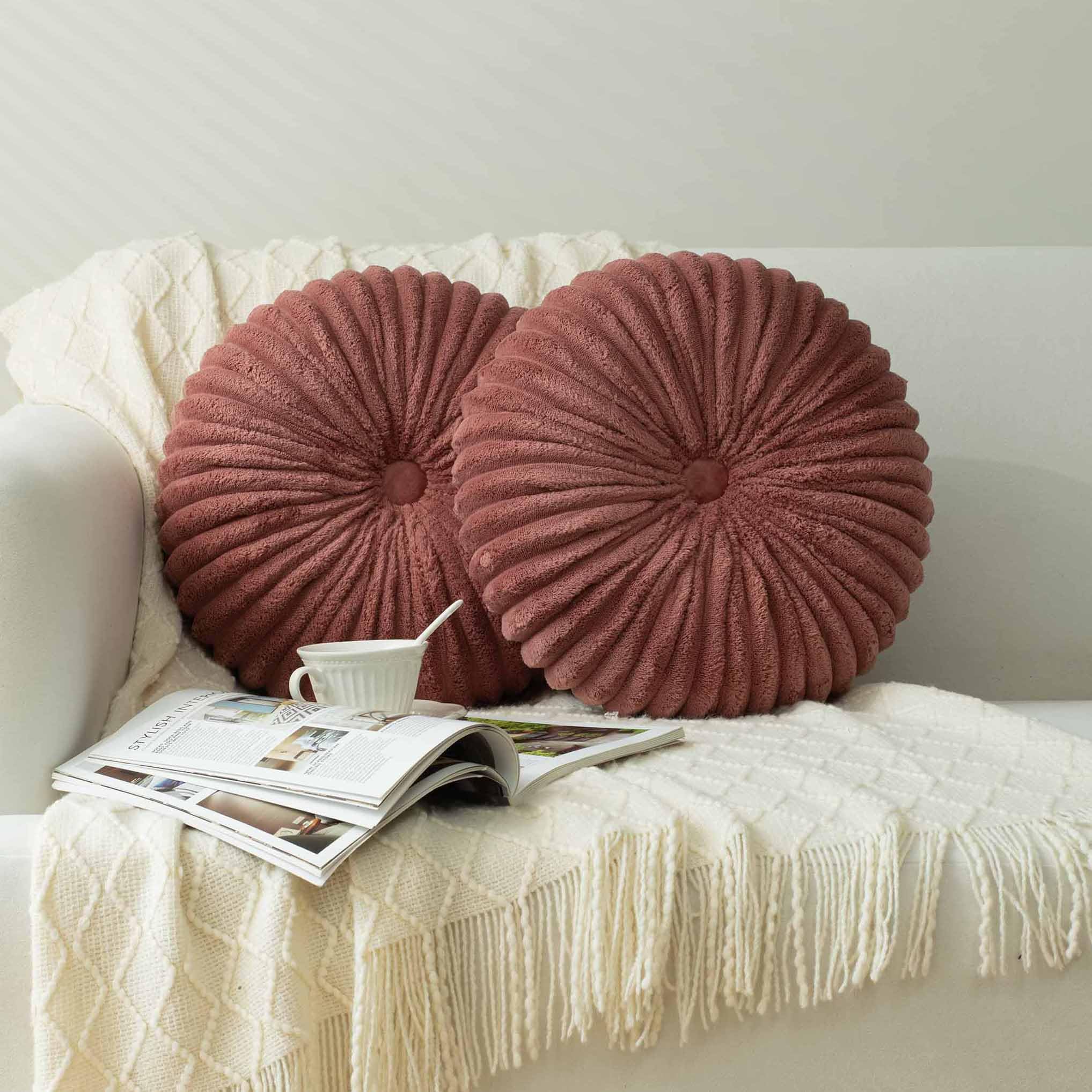 HIG Set of 2 Dusty Rose Flannel Decorative Round Pleated Throw Pillows