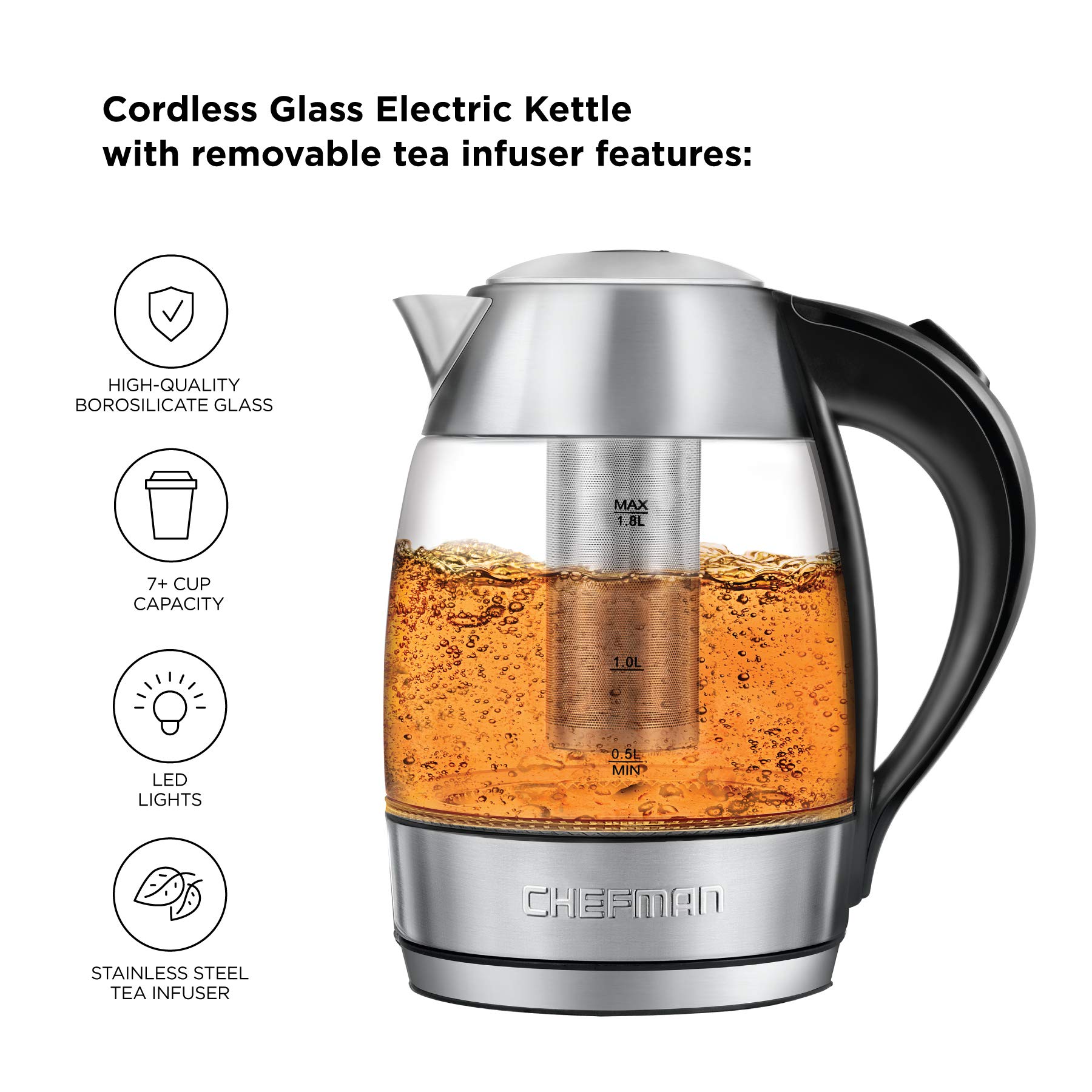 Chefman 1.8L Digital Electric Glass Kettle+ w/ Rapid-Boiling & 7 Presets for Precise Temperature, Stainless Steel Tea Infuser Included, Advanced Digital Control
