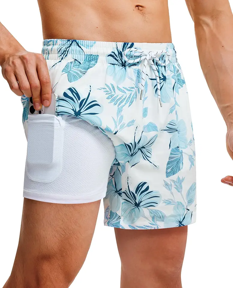 5inch Mens Swim Trunks: 2 in 1 with Compression Liner Pockets Drawstring Stretch Quick Dry Lined Funny Beach Pool
