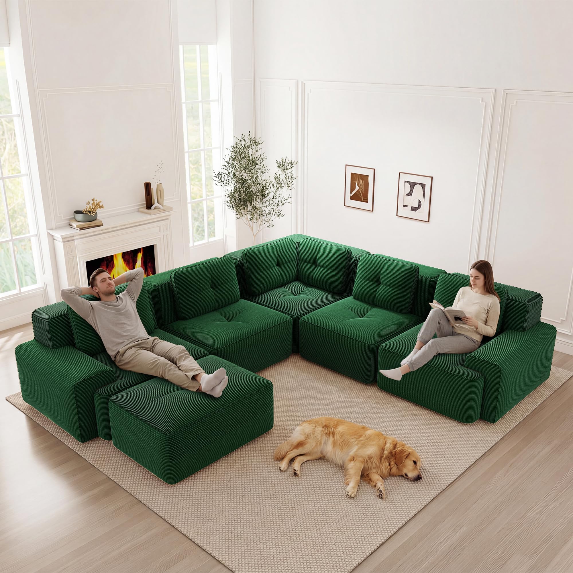 Divano modulare per soggiorno senza Ges, comodo divano a quattro posti con seduta profonda, cuscini morbidi e rivestimento in velluto a coste, nessun assemblaggio, design antiscivolo, verde