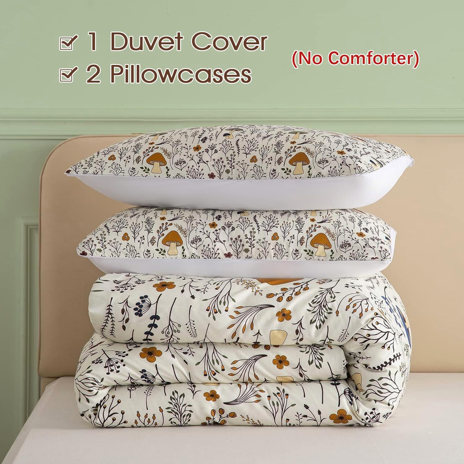 SOULZZZ Colorful Mushroom Duvet Cover Set - Queen Size, 3 Piece Aesthetic Mushroom Bedding Set with Wild Plants and Flowers (No Comforter Included)