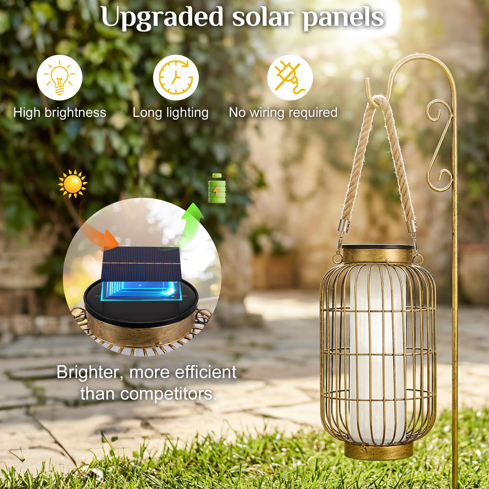 Faroles solares grandes impermeables para exteriores, linterna solar de metal de doble carga (USB/solar), dos modos de brillo, luces solares decorativas para patio, jardín, porche delantero, interior