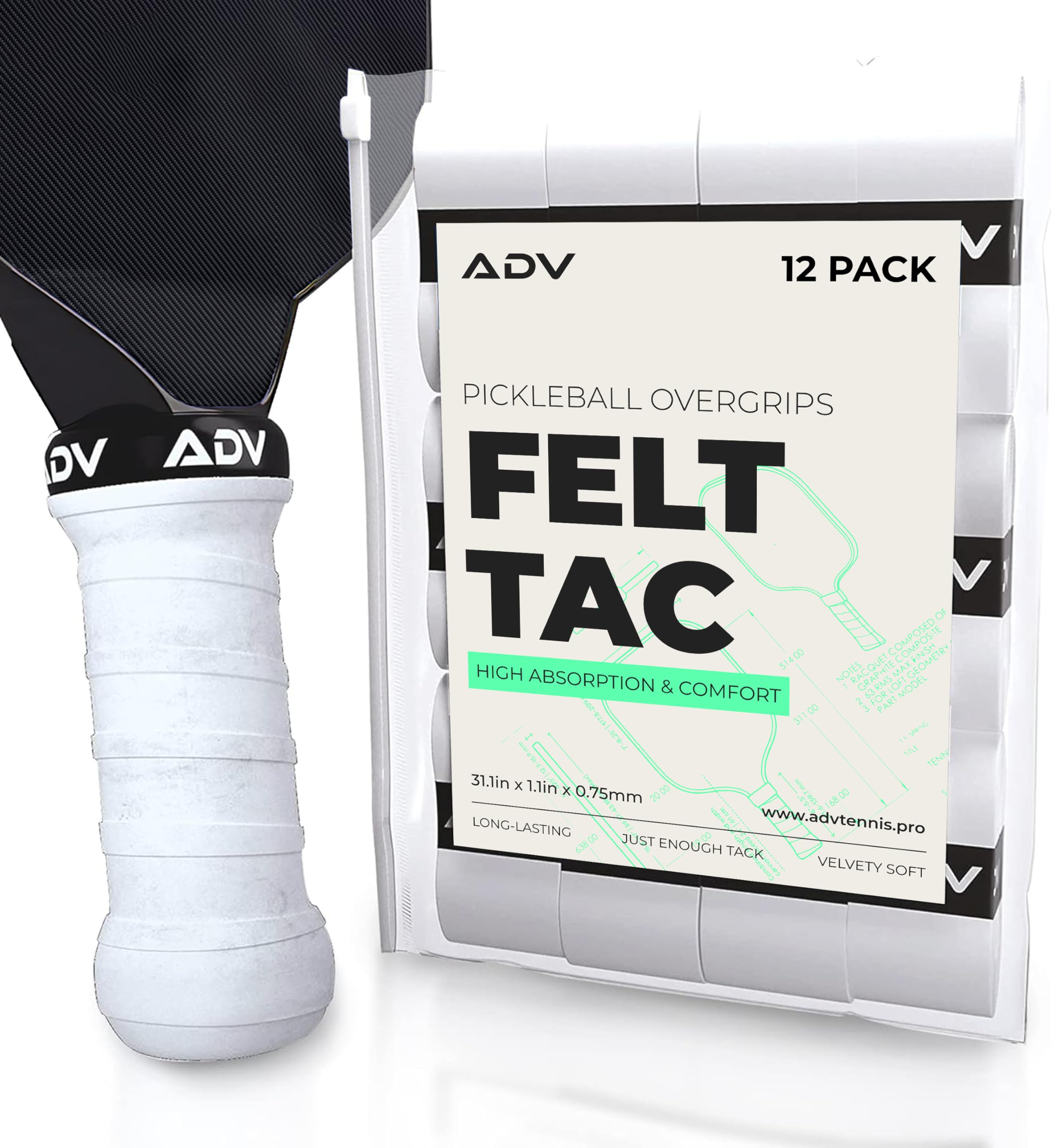 ADV Pickleball Overgrip - Soft, Dry Feel or Tacky, Non-Slip Pickleball Grip Tape - Sweat Absorbing Felttac Overgrip - Razor-Thin MaxTac Pickleball Paddle Grip Tape (FeltTac, 12-Pack White)