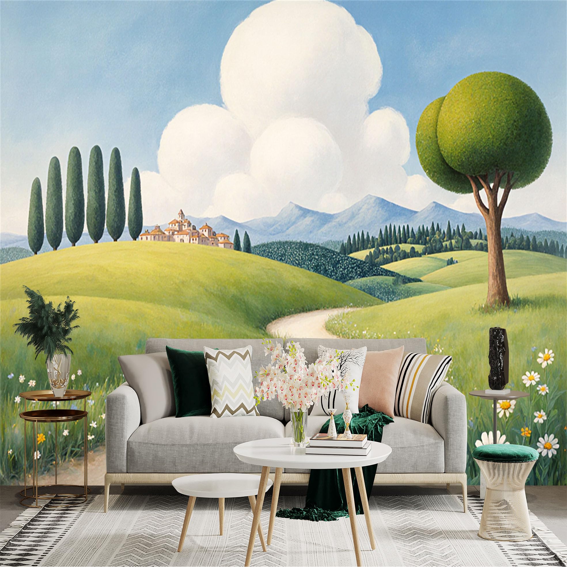 Custom Size Wall Sticker Mural， Rolling Hills with Countryside Village， Winding Path and Cypress Trees， for wall Decoration， peelandstick wall Decals.