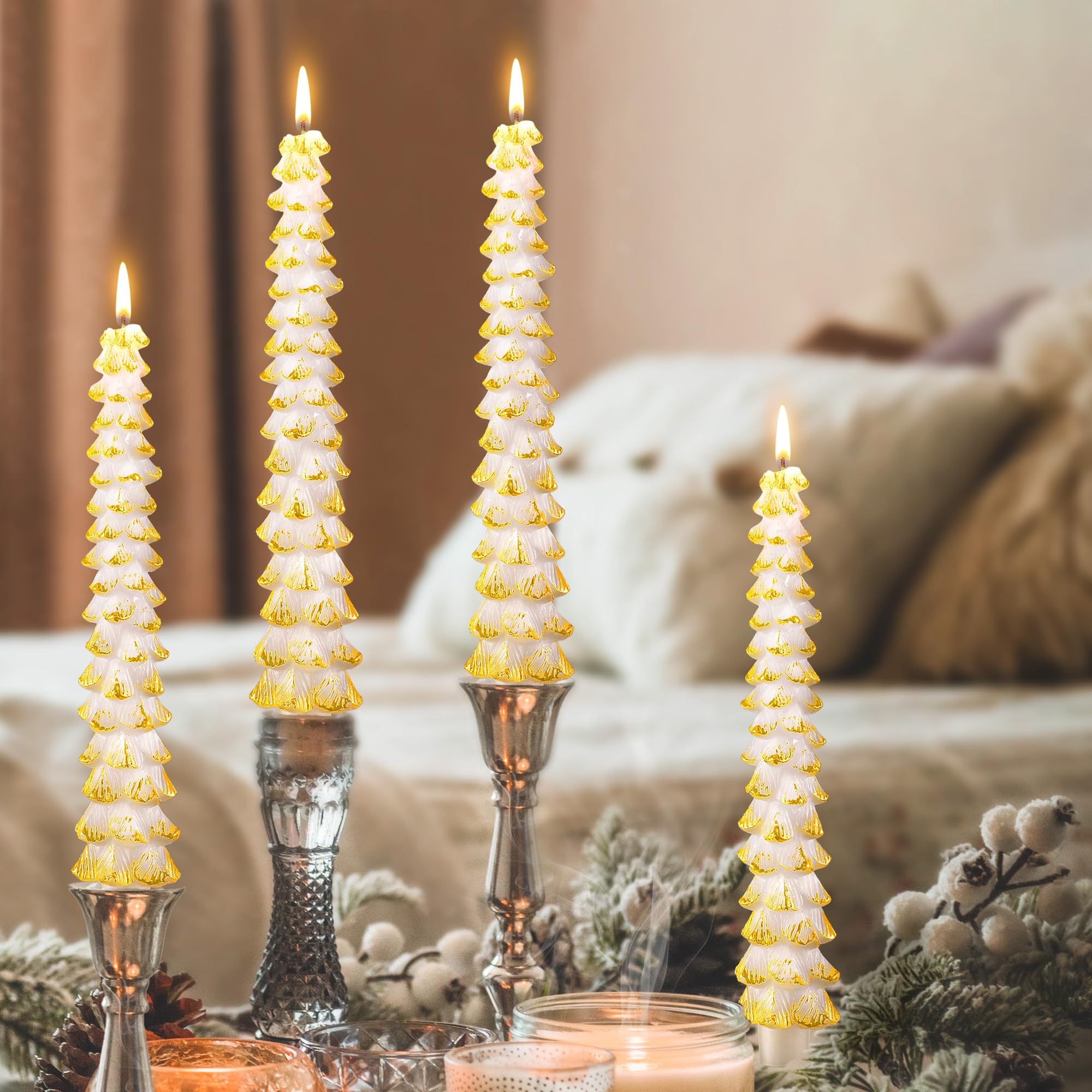 Lot de 8 bougies en cire d'abeille non parfumées en forme d'arbre de Noël de 25,4 cm pour décoration de Noël, fête, banquet, centre de table (blanc avec bordure dorée)