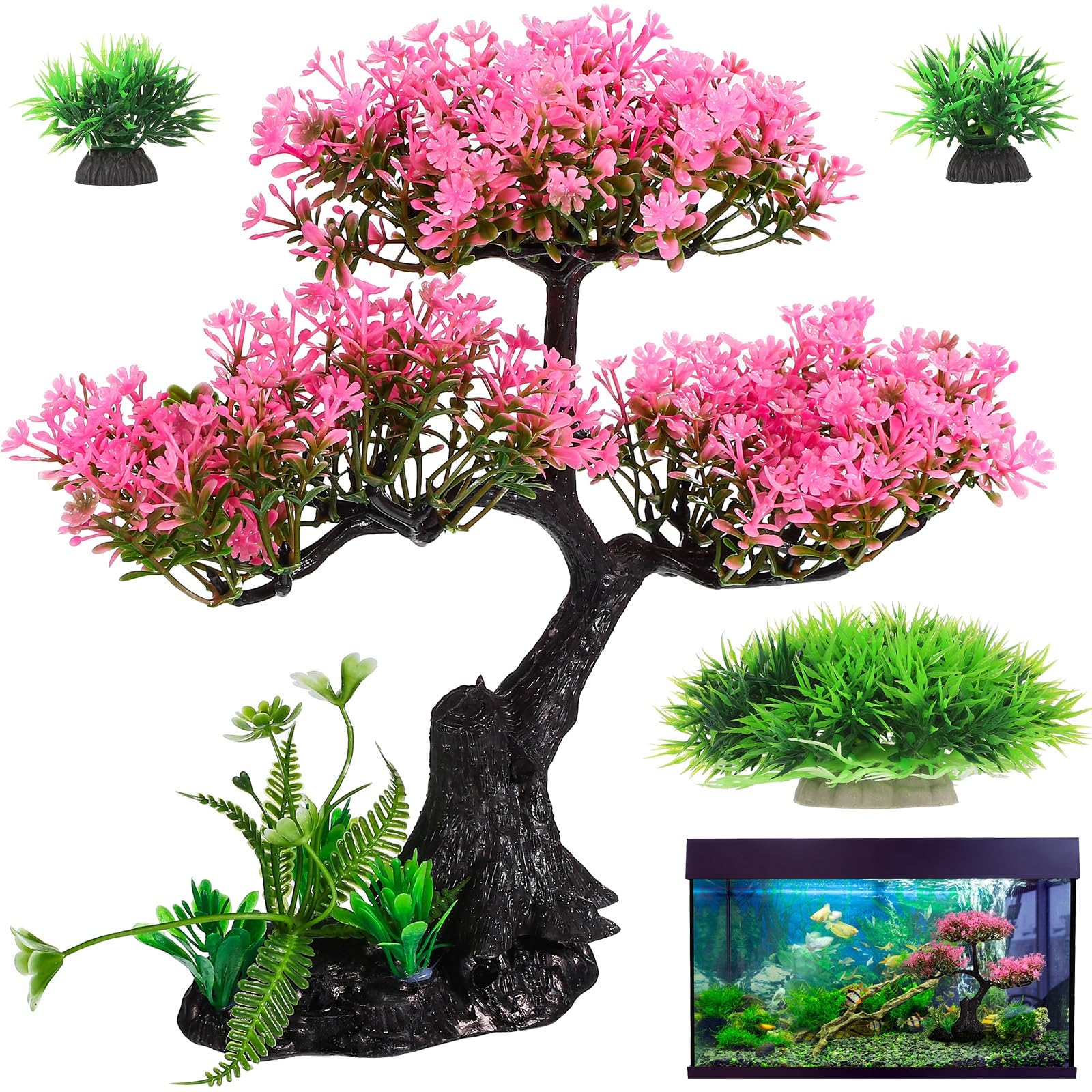 Cabilock Pink Cherry Blossom Aquarium Decor, 12.2 Inch Artificial Sakura Tree Fish Tank Plant with Stable Base, Realistic Plastic Aquarium Ornament for Betta, Goldfish, Turtle Tank Accessories, 4PCS