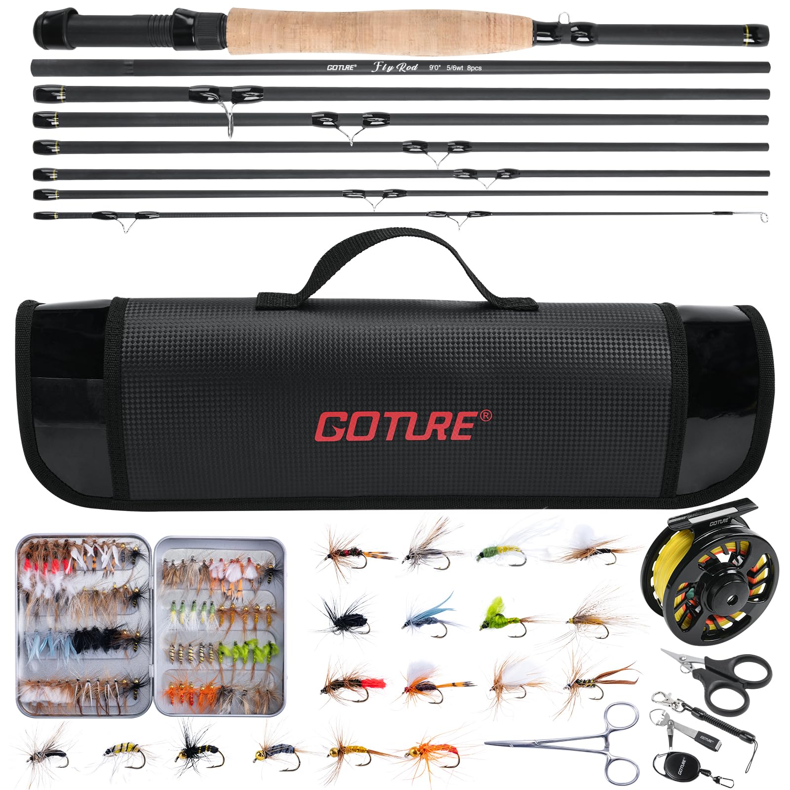 Goture Fly Fishing Rod and Reel Combo 9FT 8-Sections Fly Fishing Pole, Pre-Lined Fly Fishing Reel, 80/90 Pcs Fishing Flies with Box, Waterproof and
