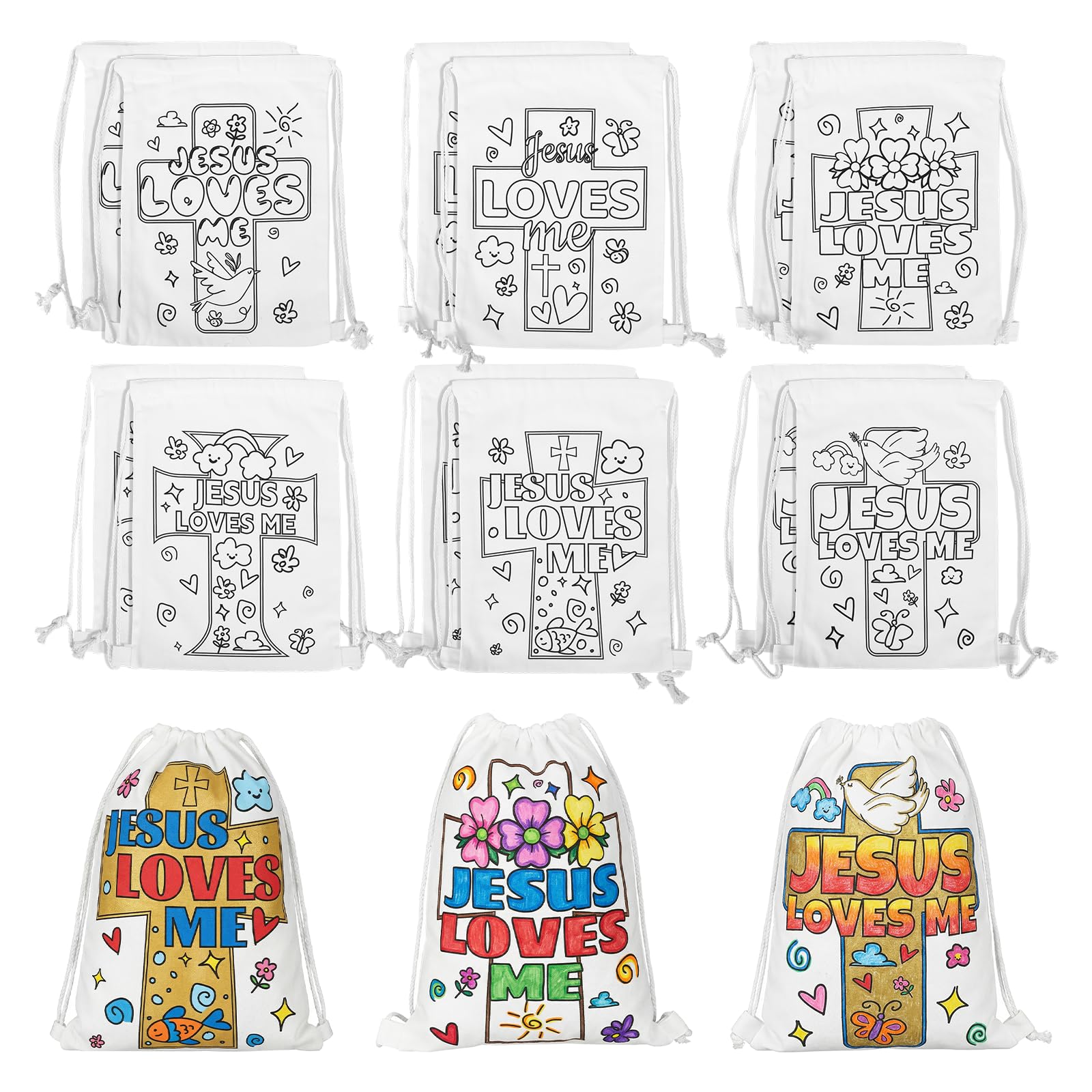 Photo 1 of 12 Pcs Color Your Own Jesus Loves Me Christian Gift Bags, Canvas Drawstring Bags Religious DIY Christian Gifts Bulk, Easter Basket Stuffers Coloring Crosses Backpack Cinch Bag for Sunday School Favor