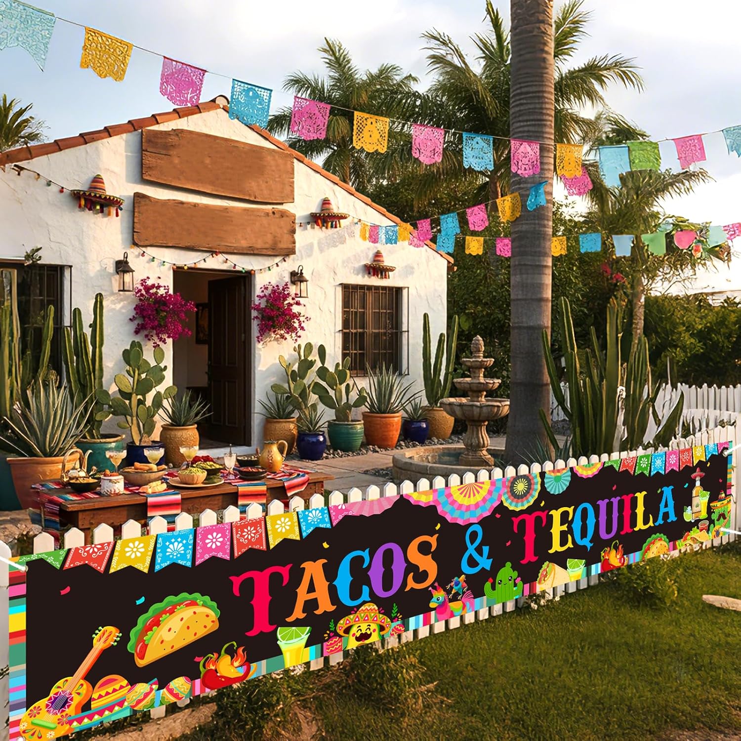 Tacos and Tequila Party Decorations Yard Banner, Mexican Fiesta Taco Tequila Polyester Banner with Grommets and Ribbon for Birthday Party Photo Background