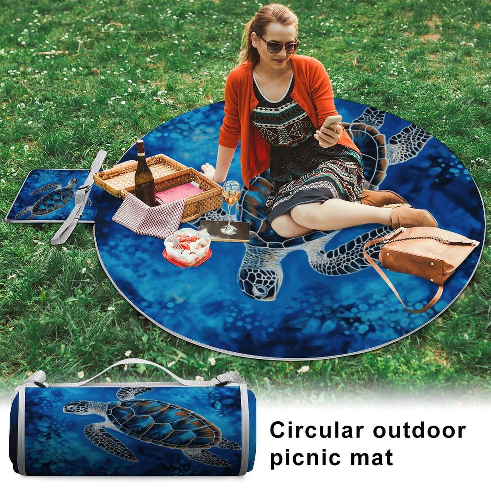 Manta de picnic redonda plegable ligera con diseño de tortuga marina, impermeable, para exteriores, para primavera, verano, camping, parque, viajes, hierba