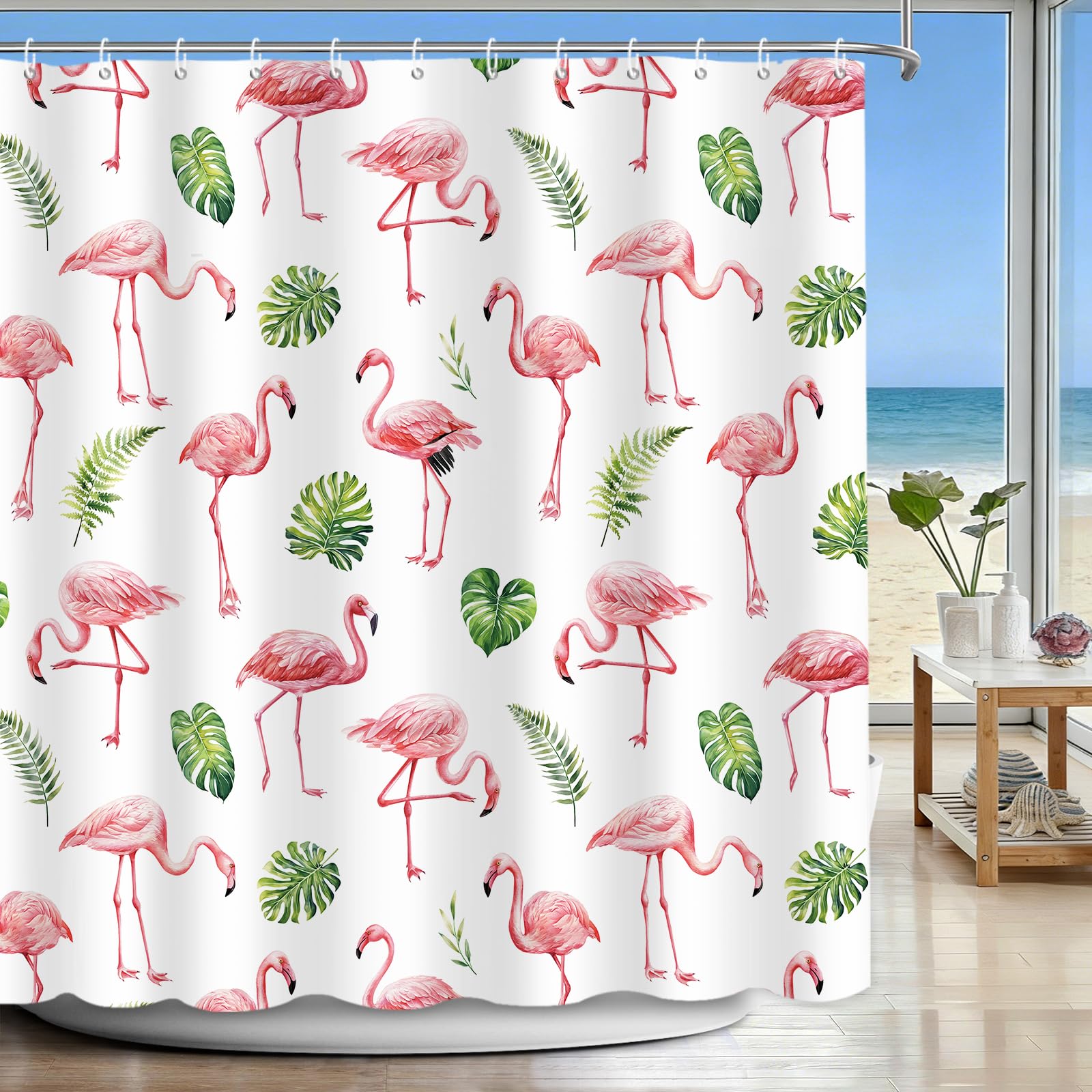 APROPHIC Flamingo Shower Curtain for Bathroom Decor, Summer Pink Flamingos Palm Leaf Botanical Bathroom Curtain, Watercolor Tropical Home Bathroom